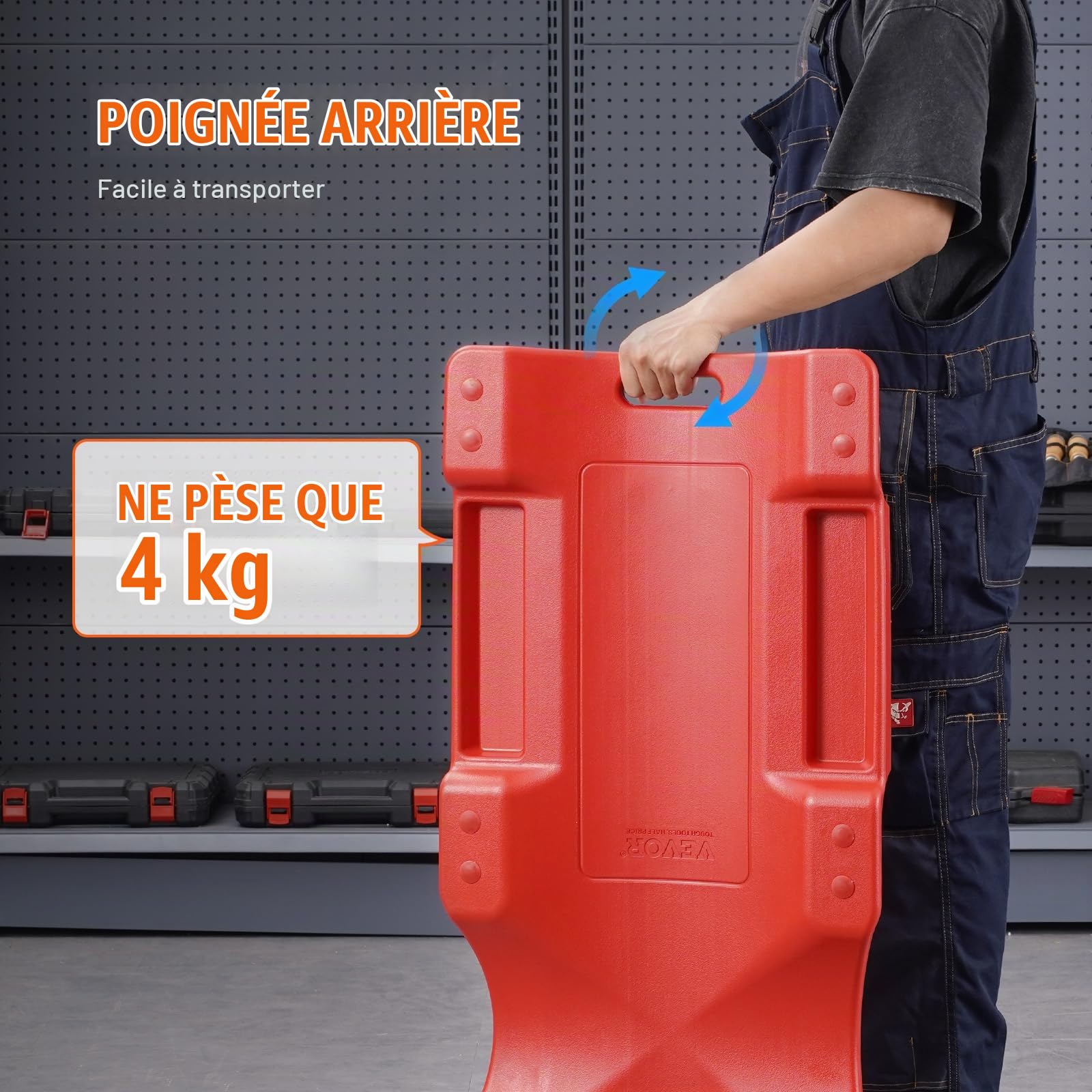 VEVOR Chariot de Visite 91,5 cm, Chariot de Mécanicien Charge 158,8 kg, en Plastique Moulé en PEHD, avec Appui-Tête Rembourré, 2 Plateaux à Outils et 6 Roues, pour Garage, Atelier, Réparation Auto