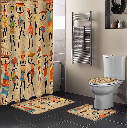 Juego de baño africano para mujer con accesorios para cortina de ducha, 36 x 72 pulgadas de largo con tapete de baño pequeño, lavable, ganchos