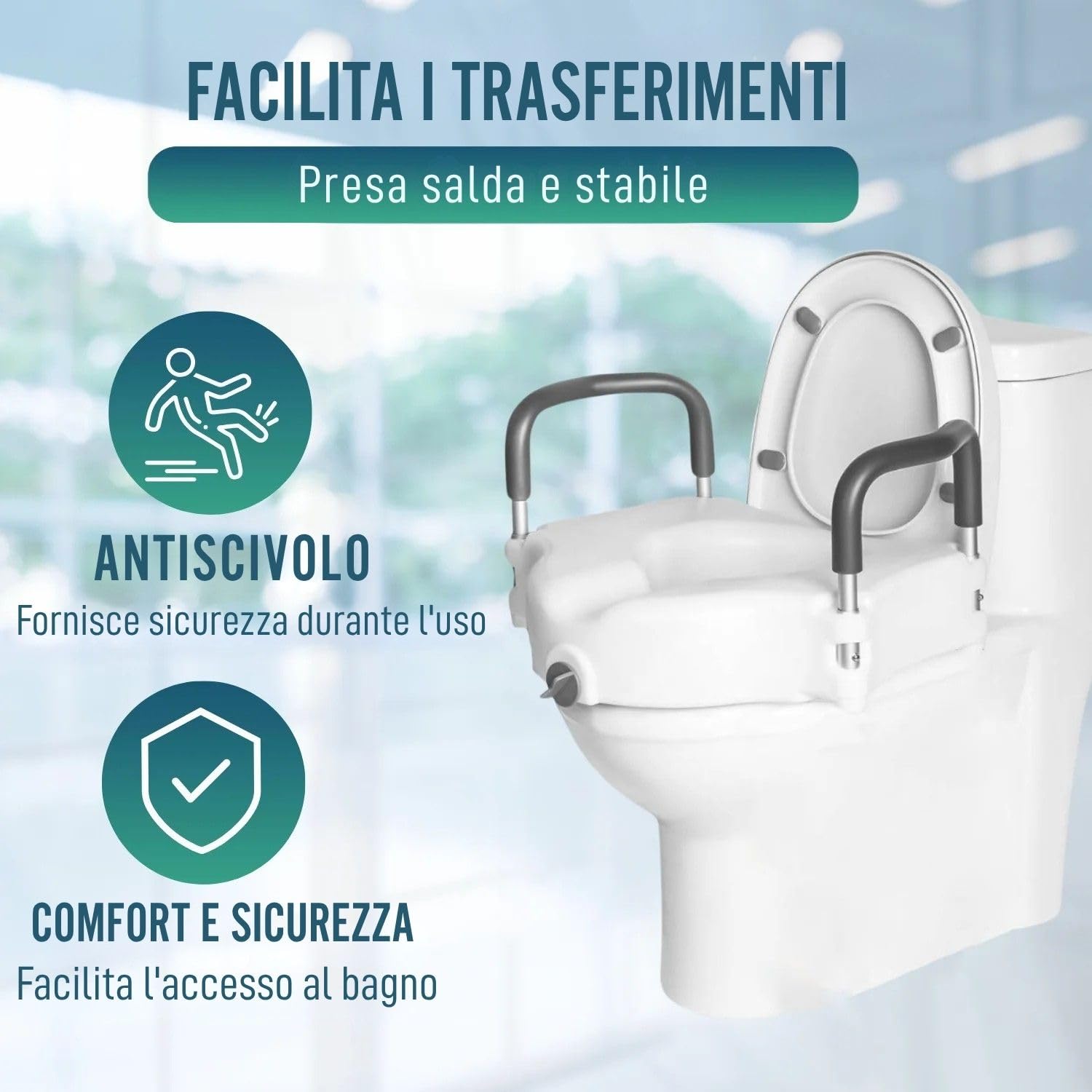 OrtoPrime Rialzo per WC con Braccioli Imbottiti – Rialzo WC Altezza 12 cm – Sedile WC Rialzato per Disabili – Alzawater per Anziani con Fissaggio di Sicurezza – Water Disabili Ortopedico