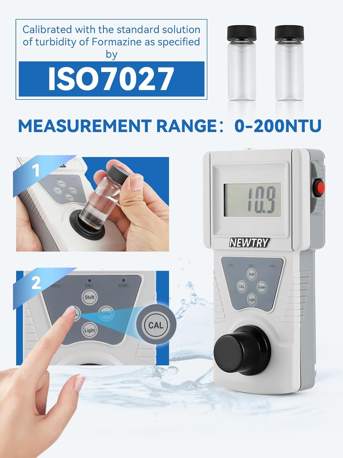 NEWTRY Turbidity Meter, Portable Digital Water Turbidimeter, ISO7027 Compliant, Accuracy 0.1, 0-200NTU, LCD with Backlight, for Lab Water Treatment Plant Wine Industry
