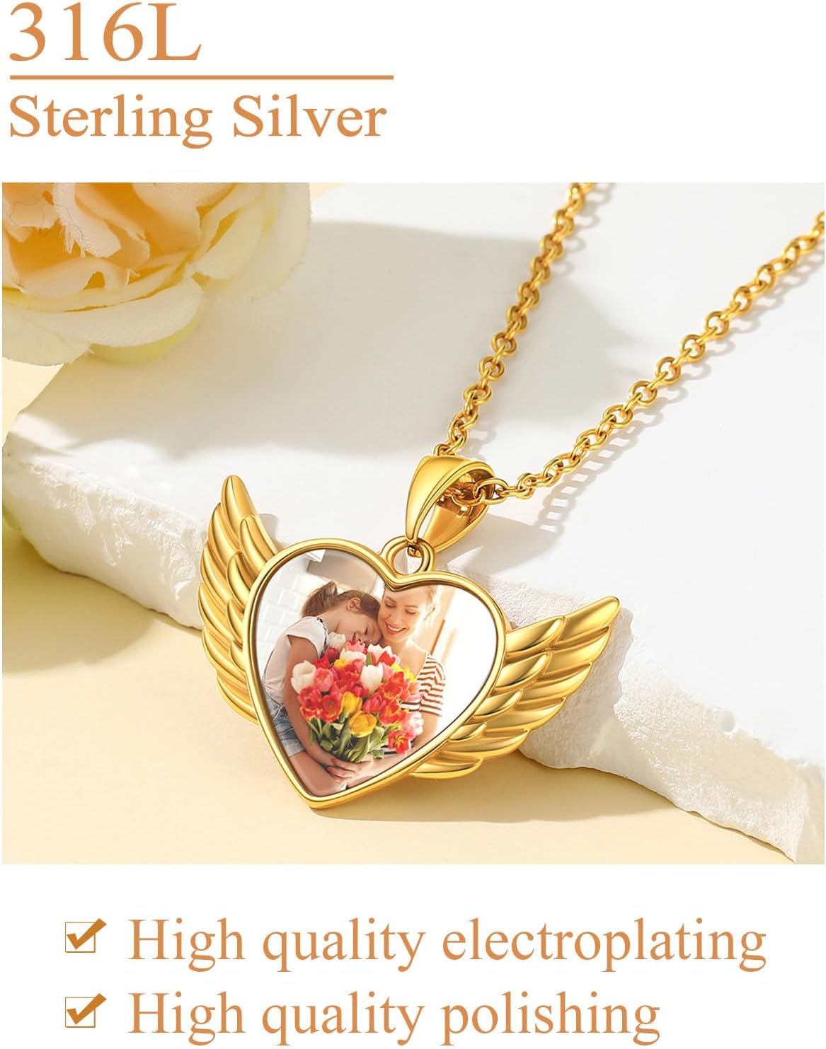 Custom4U Heart Necklace Picture Pendants for Men Wings Necklace Gold Pendant for Women