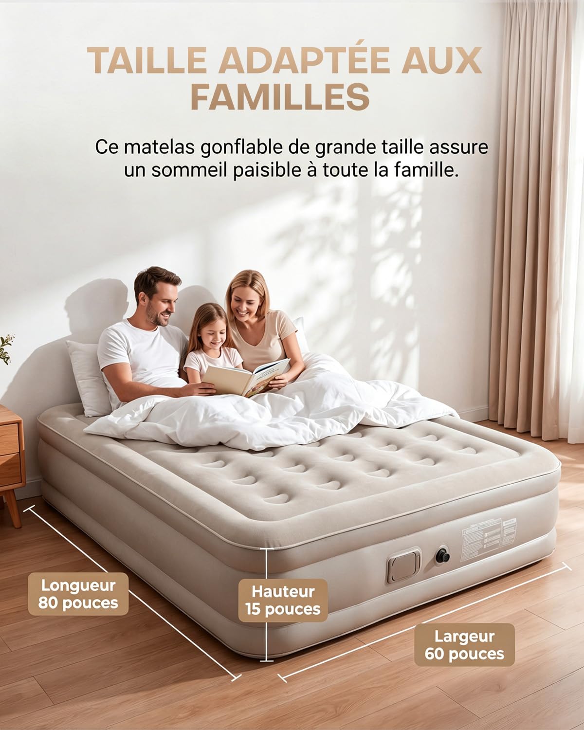 Matelas Gonflable 2 Personnes 203x152x40cm, 40 Chambres d’Air, Surface Floquée Douce, Charge Max 300 kg, Matelas Gonflable avec Sac de Transport et 2 Oreillers, Idéal Invités Maison Camping, Kaki
