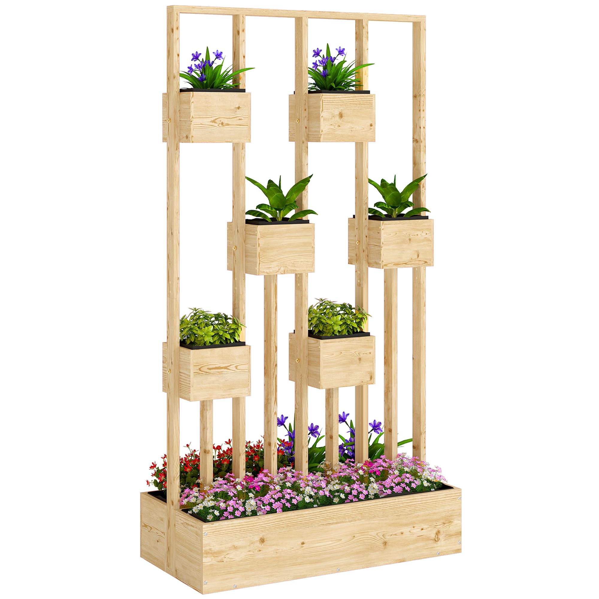 Outsunny Hochbeet mit Rankgitter Körbe Holz 90 x 45 x 170 cm Naturholz | Pflanzkübel, Pflanzkasten, Blumenkasten, für Garten Balkon Terrasse, Blumenkübel für Kletterpflanzen Korbpflanzen, Blumen