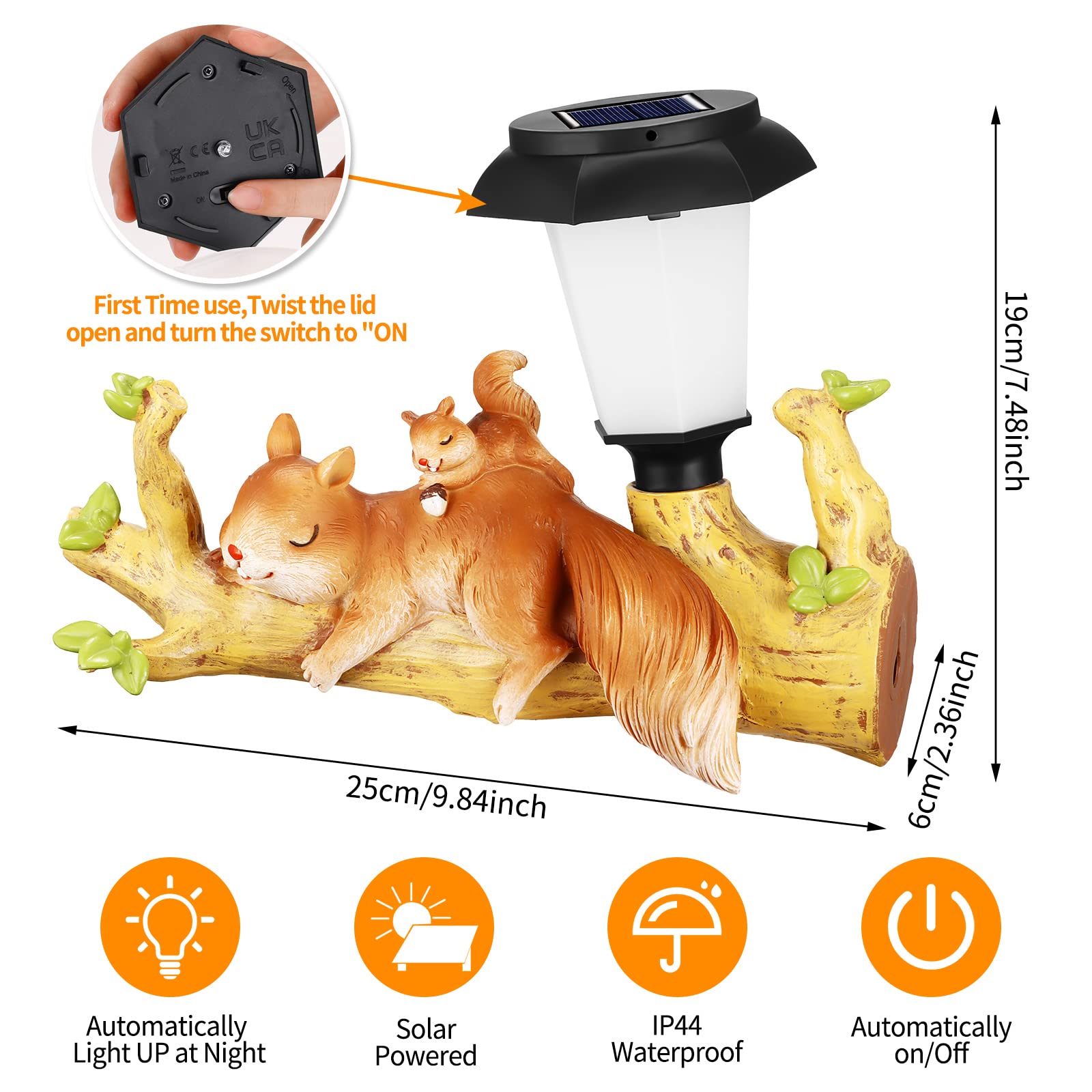Wowlela Solar Squirrel Statue Garden Ornaments, Solar Squirrel Garden Decoration with Solar Powered LED Lanterns - Image 4