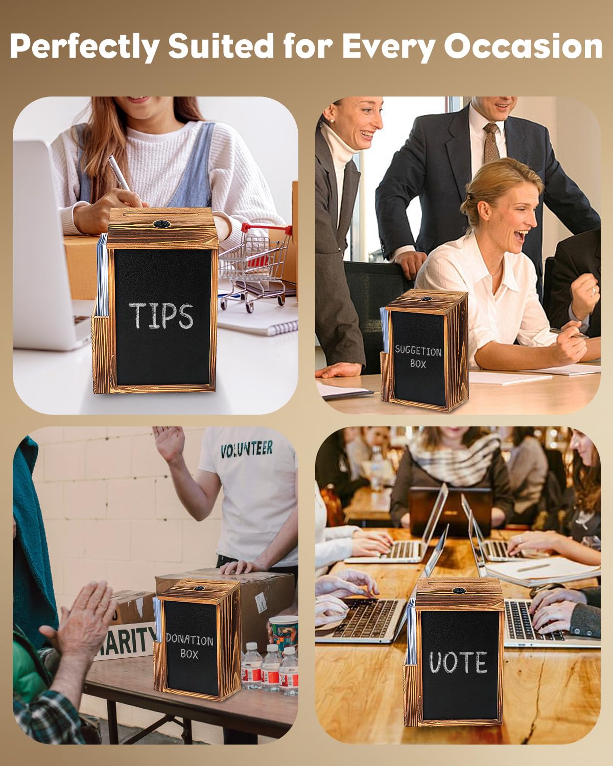 Uniclife Caja de sugerencias Wood, cajas de donativos de madera para recaudar fondos, caja de oraciones con pizarra y 50 tarjetas de sugerencias, urna para votos para bodas