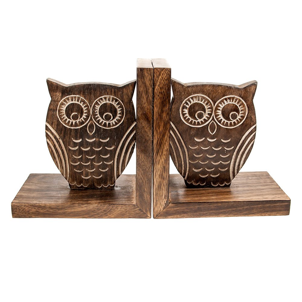 Bookends, Owl Design, Hand Carved Mango Wood