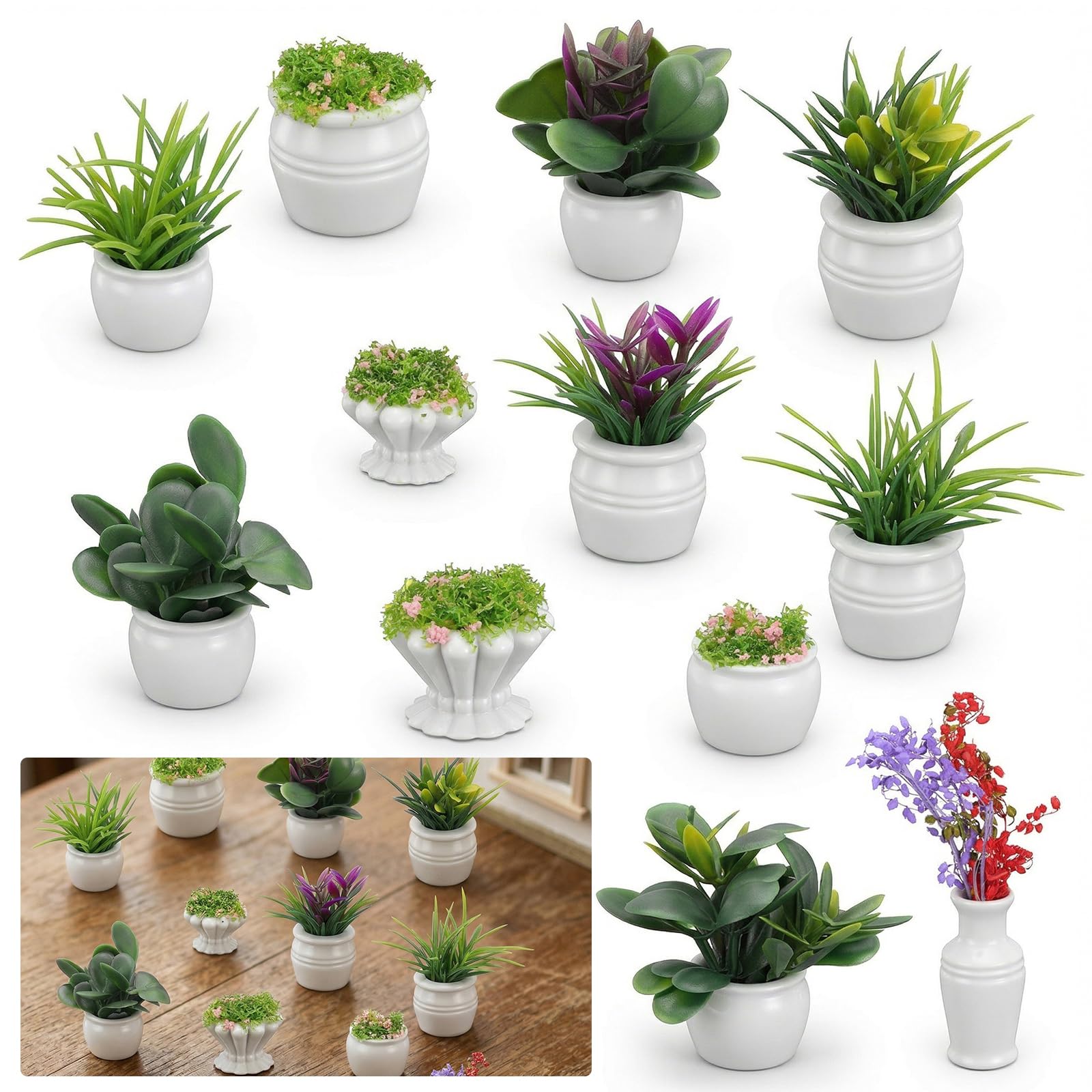 12 Pcs Miniature Dollhouse Plants, Realistic Artificial Fake Greenery Faux Flower Set with Pots Tiny Potted Bonsai Hanging Basket Accessories for Doll House, Garden, Terrarium, DIY Crafts Decor