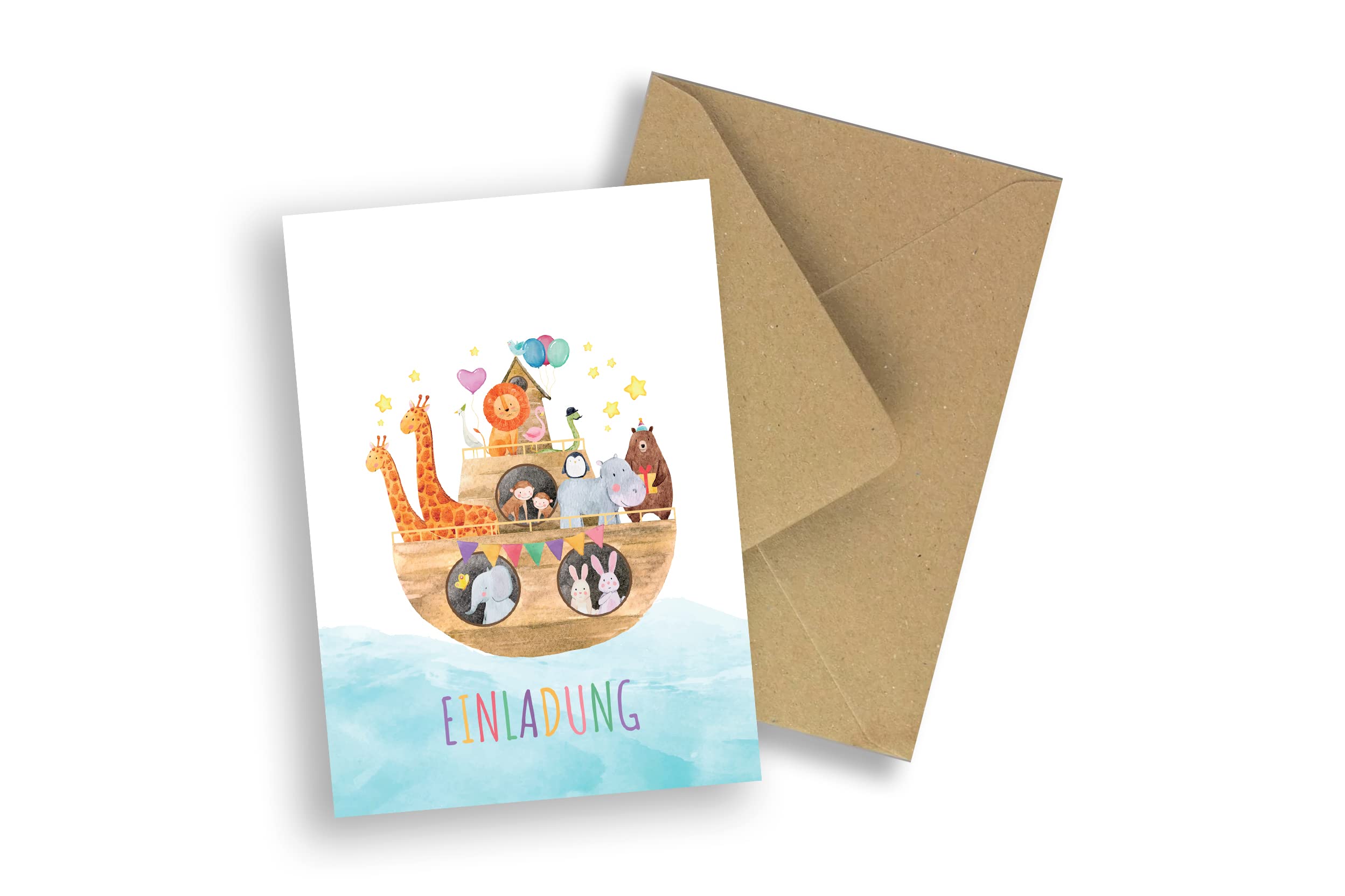 Friendly Fox Einladung Arche Noah, 12 Einladungskarten Taufe Arche Noah oder Kindergeburtstag Mädchen Junge, DIN A6 Einladungen mit Umschlag