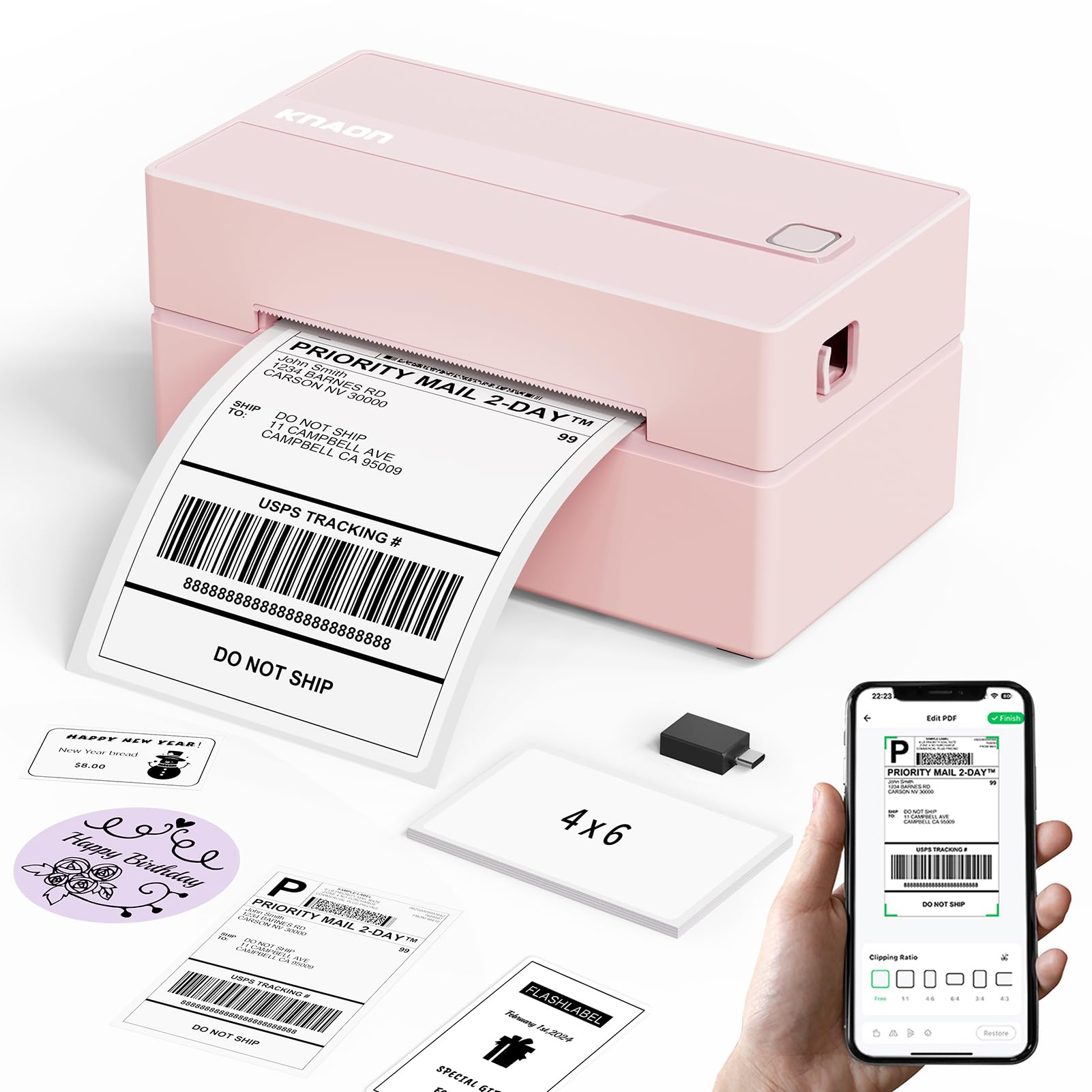 KNAON Bluetooth Thermal Shipping Label Printer, 4x6 Portable Thermal Address Label Printer for Small Business, Compatible with iPhone,Android,Windows,Mac,–Works with Etsy Shopify USPS&More, Pink