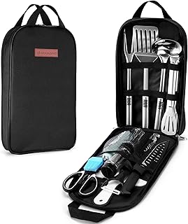 Odoland 14PCS Camping Utensils Set, Outdoor Kitchen Utensil Organizer, Cutting Board, Kitchen Scissors, Slotted Tongs Seasoning Bottle and Case for Backpacking Travel, Black