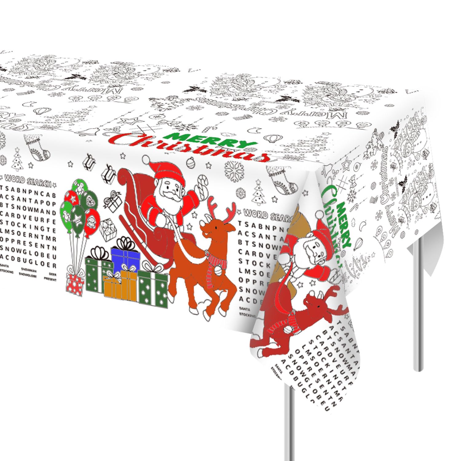 3pcs Christmas Coloring Tablecloth, 53.9x107.9 Inch Santa Claus Snowman Elk Christmas Coloring Poster Christmas Paper Tablecloth for Kids Crafts Home Classroom Activities Party Favors