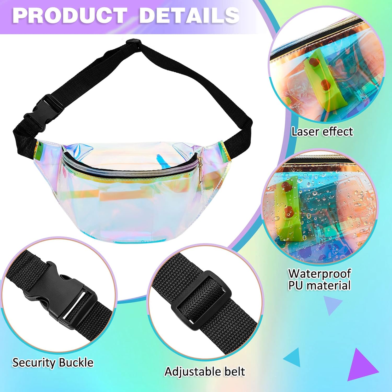 Dunzy 12 Pcs Holographic Fanny Pack Waterproof Neon Belt Bag Transparent 80s 90s Fanny Packs for Women Bachelorette Party Concerts Travel Hiking, Clear Iridescent - Image 3
