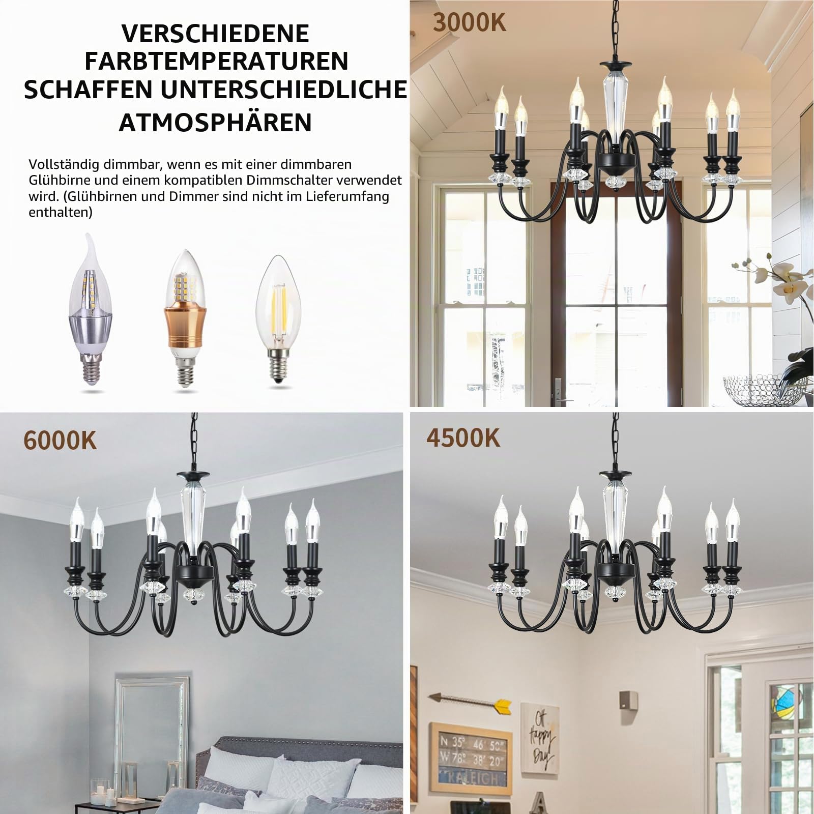 Kronleuchter Schwarz, 8 Flammig Rustikale Kronleuchter Vintage Pendelleuchte Wohnzimmer, Antik Deckenlampe Schlafzimmer Hängend mit E14 Fassung, Einstellbare Höhe Klassischer Lüster für Esstisch Flur