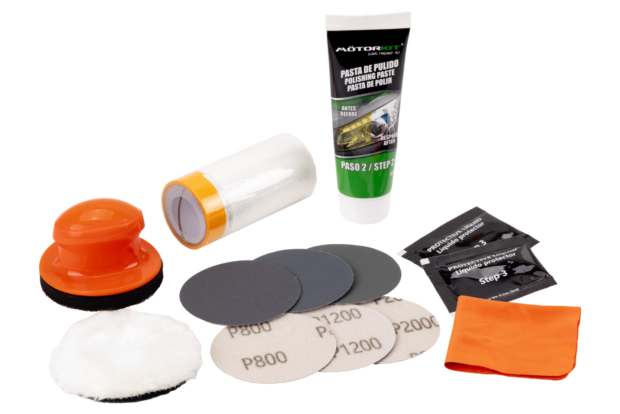 Motorkit Kit Restaurador de Faros Manual, Completo para 2 Faros, Elimina Amarilleamiento, Oxidación y Arañazos, Lija, Pule y Protege en 3 Pasos