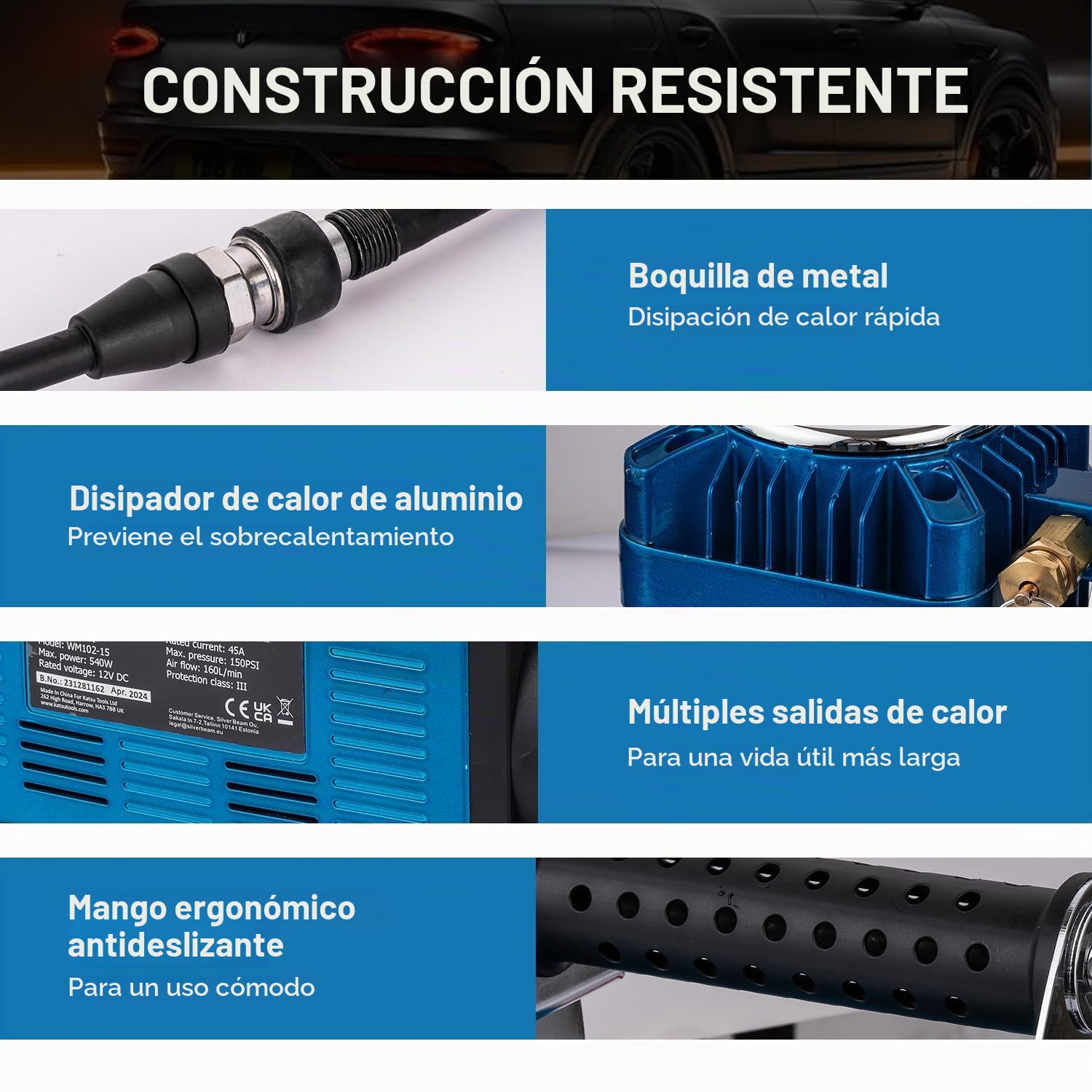 KATSU Tools Profesional Inflador de Neumáticos de Coche, 150 PSI 12V 45Amp Portátil Gran Volumen Bomba de Neumáticos de Compresor de Aire para 4WD Auto Van Camiones Inflables