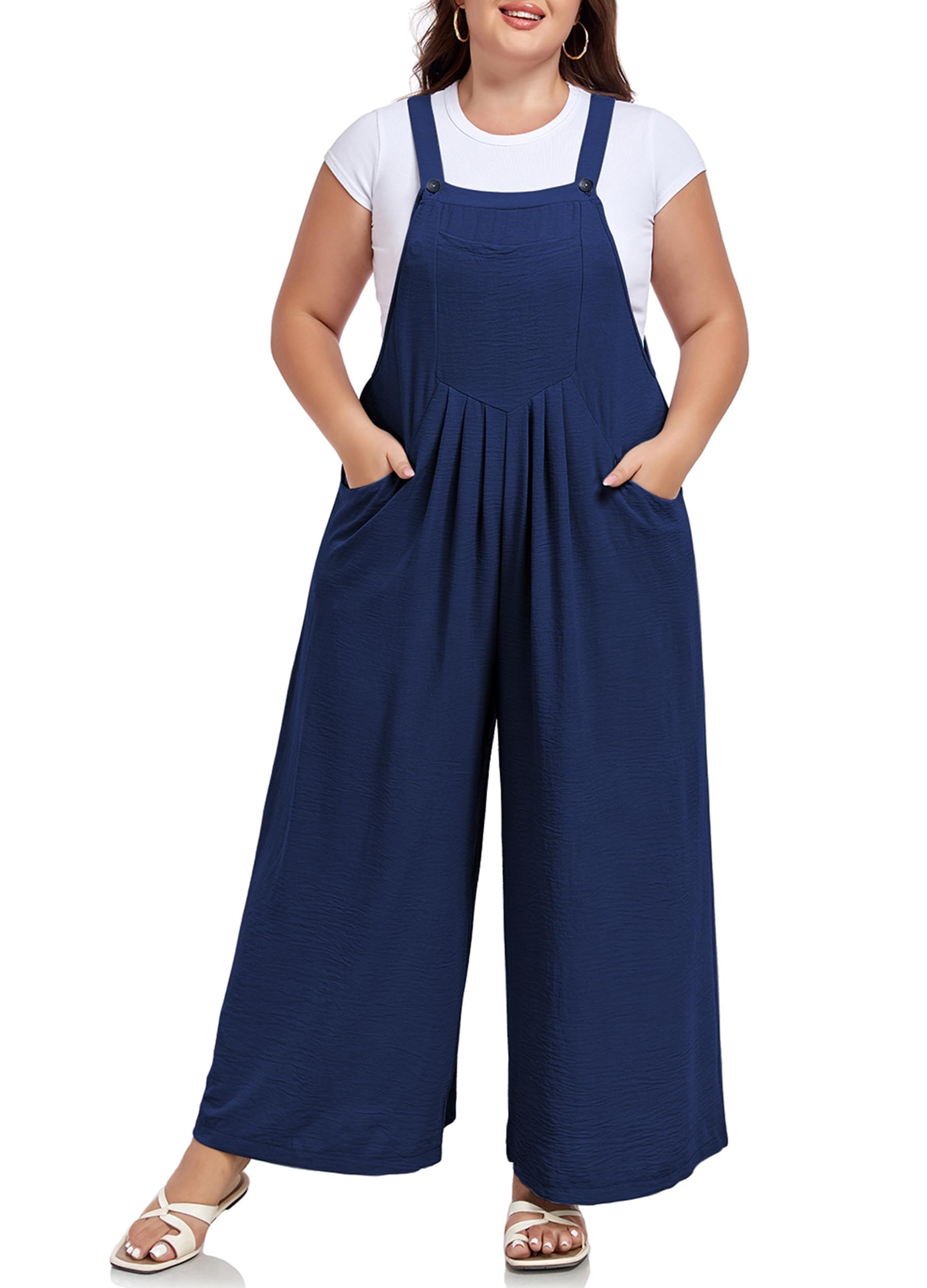 Moon Wood Plus Size Overalls for Women Loose Fit Bib Rompers Adjustable Straps Wide Leg Jumpsuits with Pockets