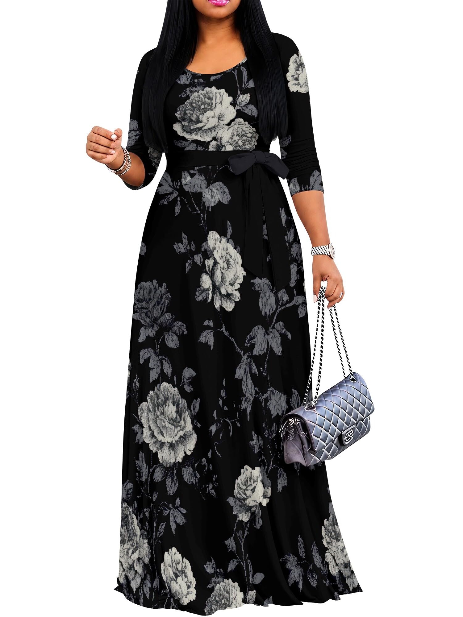 PinkPatty Women's Plus Size V Neck 3/4 Sleeve Boho Maxi Dress with Pockets