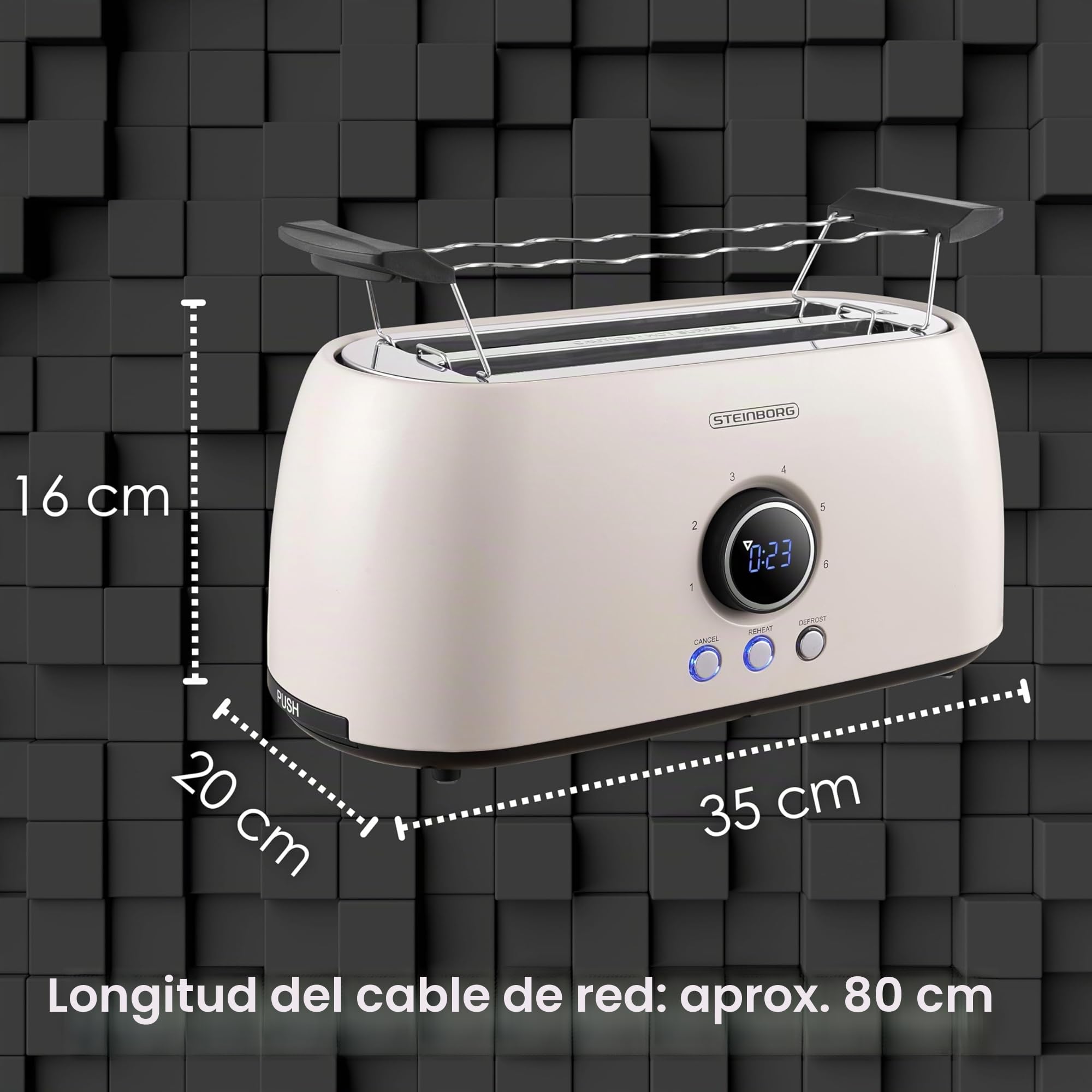 Steinborg - Tostadora para 4 rebanadas con rejilla de repostería, apagado automático, doble ranura para pantalla LED con visualización de tiempo restante - Beige
