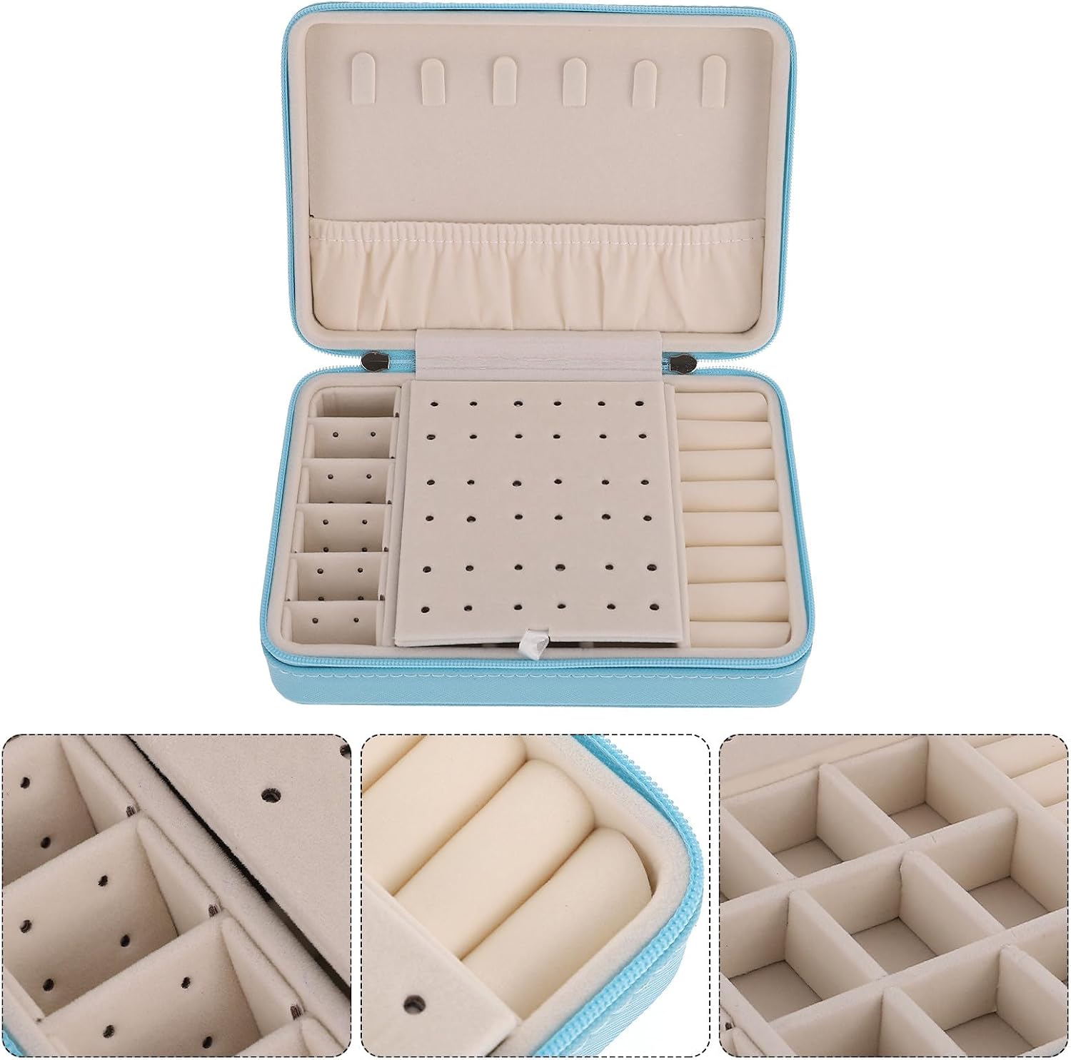 Portable Jewelry Organizer Box Travel Jewelry Case with Zipper Light Blue Pocket Style for Earrings Rings and Accessories Storage image 4