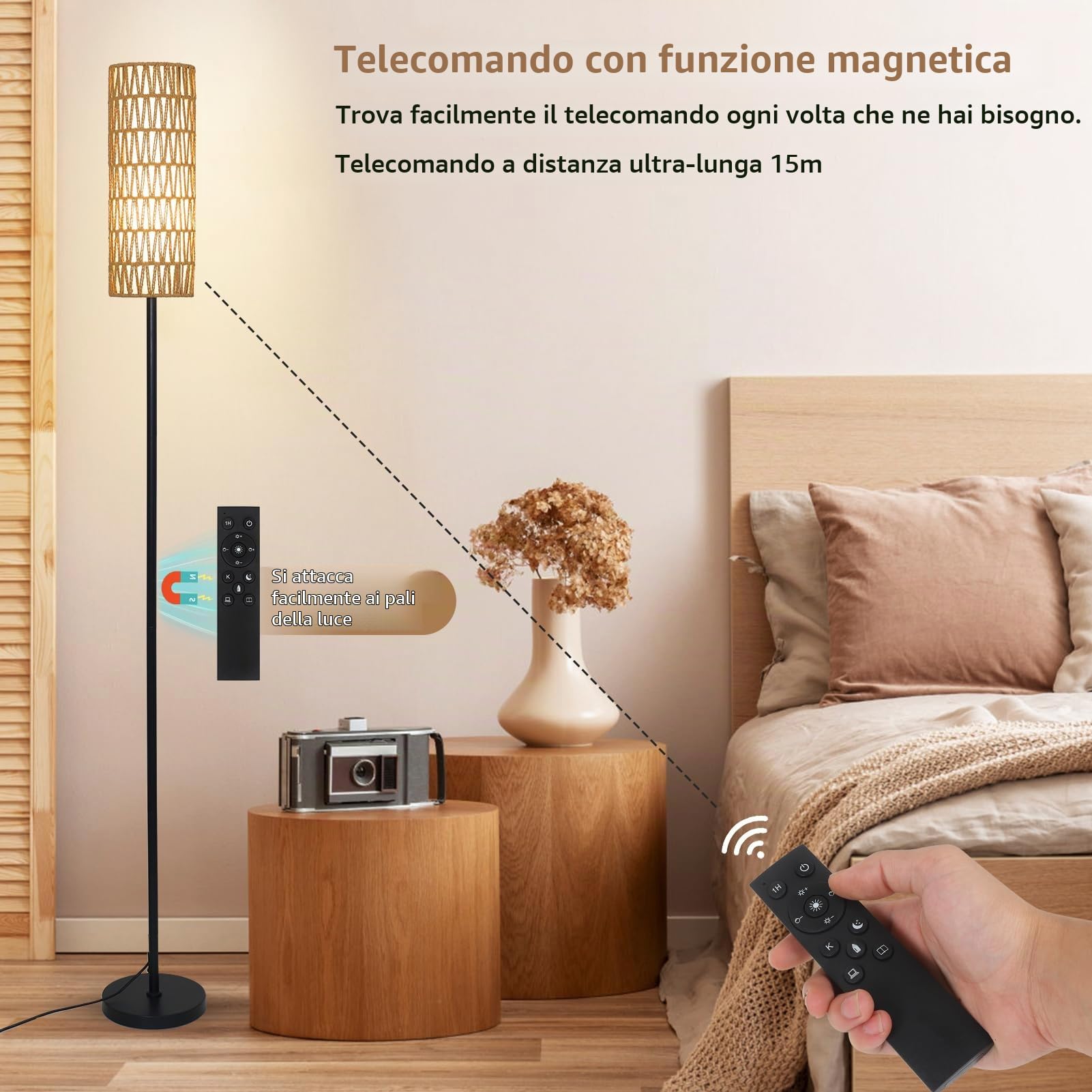 Rayofly Lampada da Terra in Rattan per Soggiorno, Dimmerabile con Telecomando e App di Controllo, Boho con Paralume in Rattan e Lino, Lampadina Inclusa