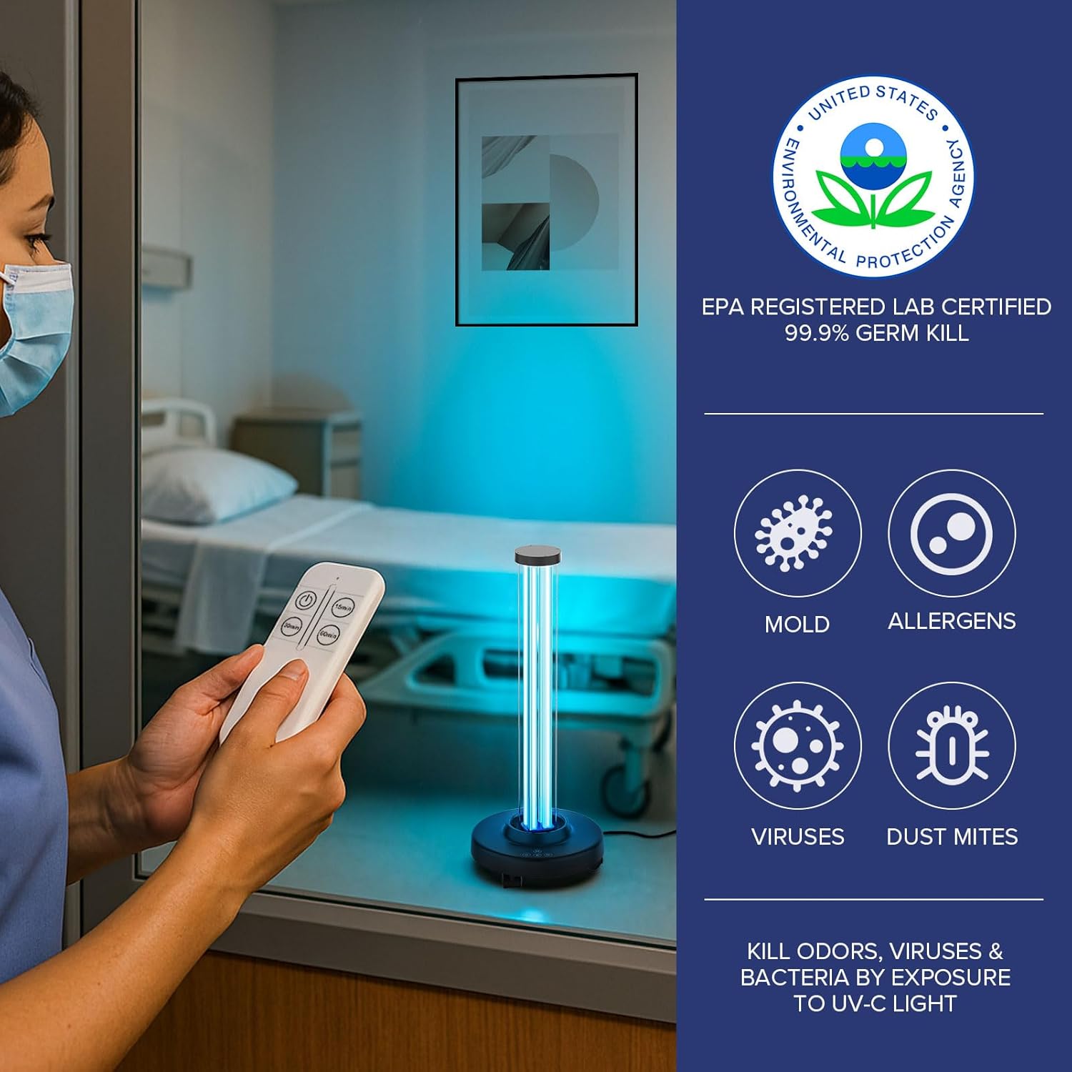 SANSI 100W UVC Disinfection Cart with Wheels, Portable Mobile UV Light Sanitizer with Remote & 3 Timer Settings, Ozone-Free, 99.9% Germ Kill in 30 Mins for Large Space, Home, Hotel, School