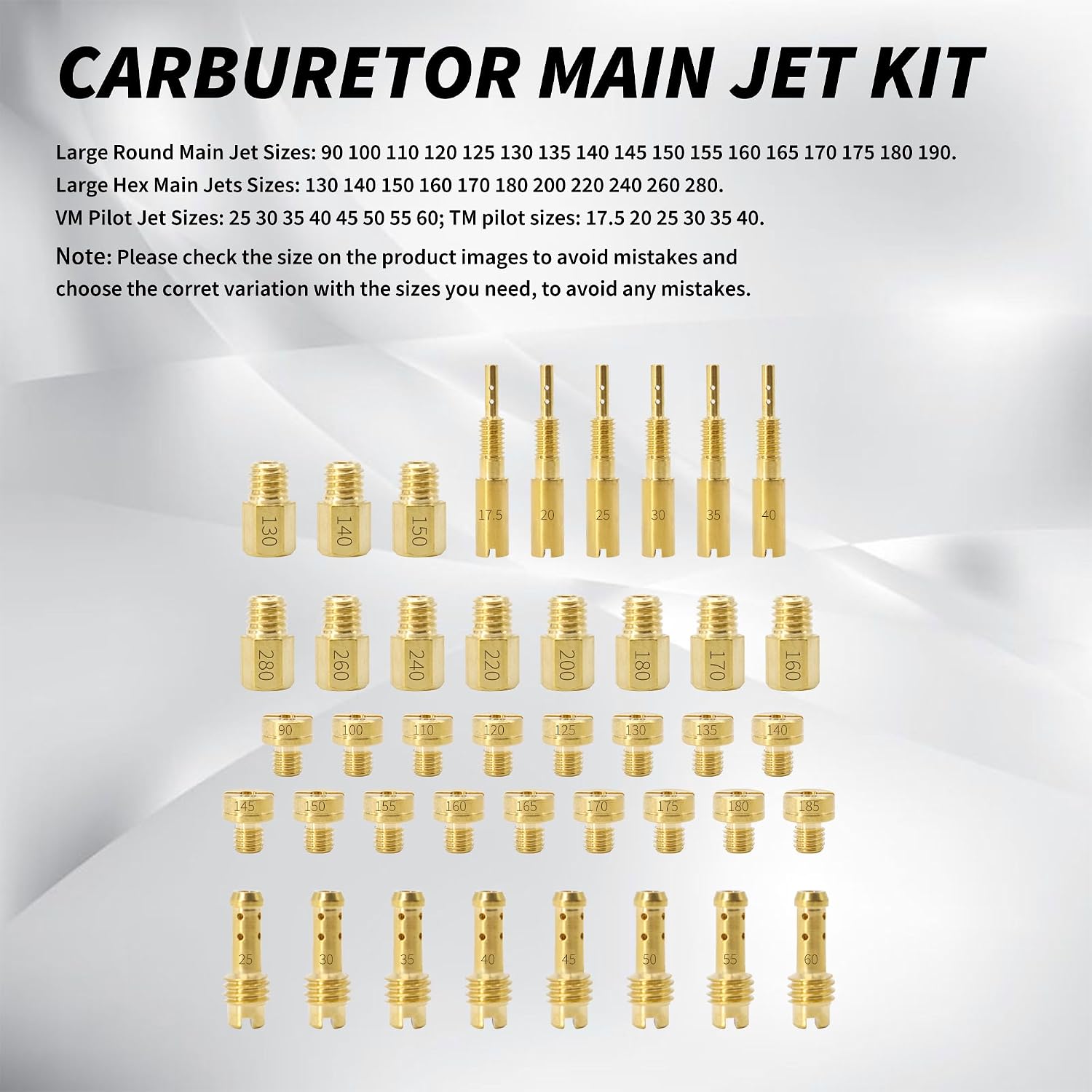 Carburetor Main Jet Kit Compatible with Mikuni Main & Pilot Slow Jet N100.604 VM28/486 VM4/042 VM22/210#90 100 110 120 125 130 135 140 145 150 155 160 165 170 175 180 190 200 220 240 260#280
