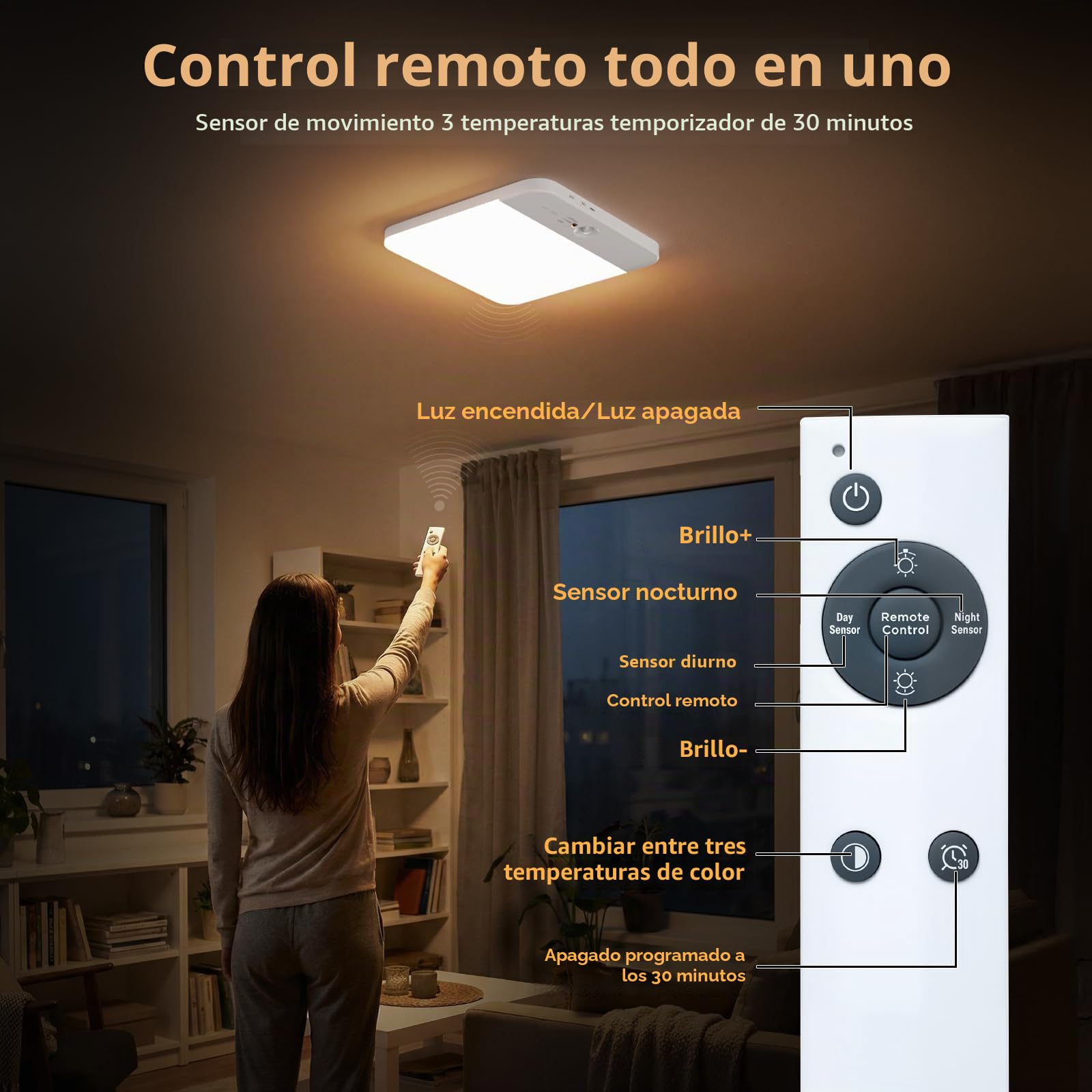 Plafón LED de Techo Recargable con Sensor de Movimiento, Lamparas a Pilas | Iluminación sin Cables con Mando a Distancia, 6000 mAh, 3000K/4000K/6000K, Lámpara Baño, Pasillo y Dormitorio