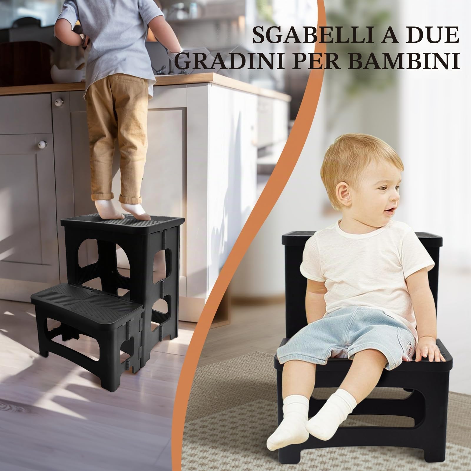 Sgabello pieghevole a 2 livelli, con pedana antiscivolo, portata 150 kg, pieghevole, per bambini e adulti, 2 livelli, per cucina, casa, ufficio, esterno