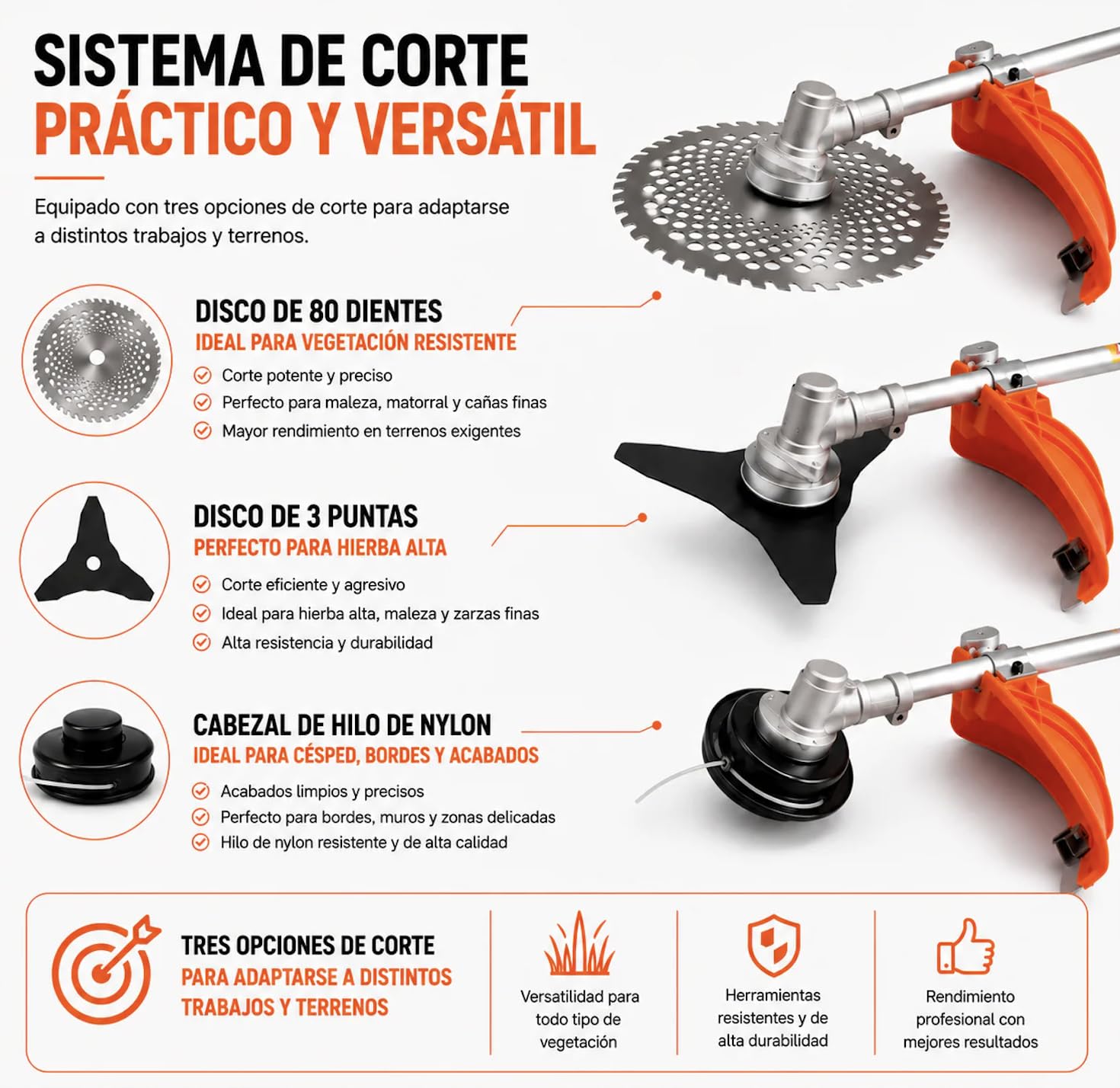 Desbrozadora Gasolina 52cc HMT 2 CV con 3 Sistemas de Corte – Cabezal Nylon, Cuchilla 3 Puntas y Disco para Maleza