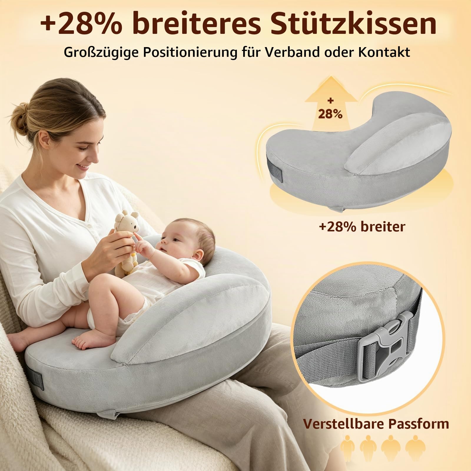 Stillkissen mit Sicherheitsumrandung, Memory Foam Stillkissen Ergonomisch mit Verstellbarem Gurt & Abnehmbarem Waschbarem Bezug, GroßesStillkissen für Komfort beim Stillen Zuhause Unterwegs