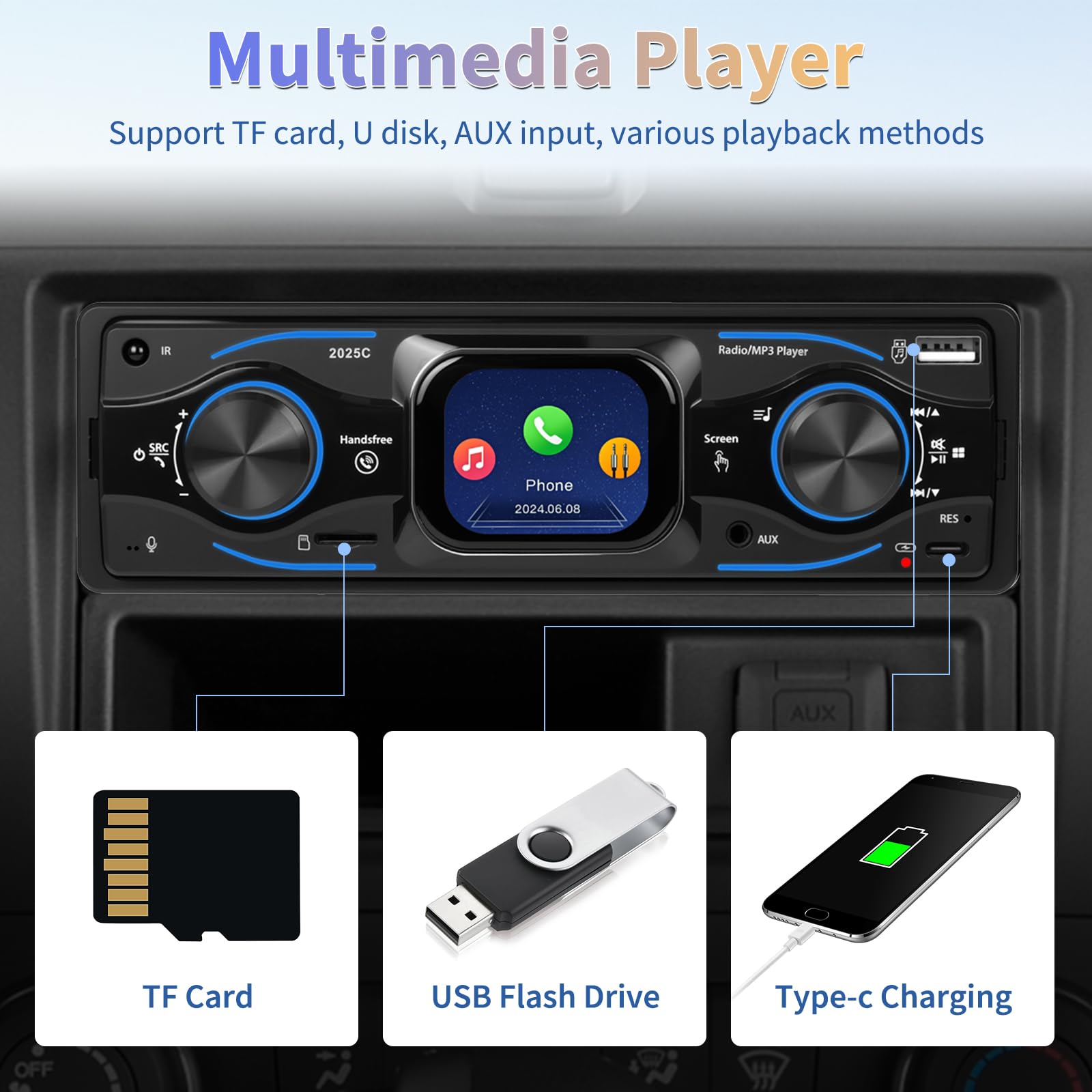 Inefala Autoradio 1 Din Bluetooth, Stereo Auto Bluetooth 1 DIN Radio con Schermo 2.17 Pollici FM Radio Auto Lettore MP3 Supporta USB/SD/Aux/SWC/Ricarica rapida