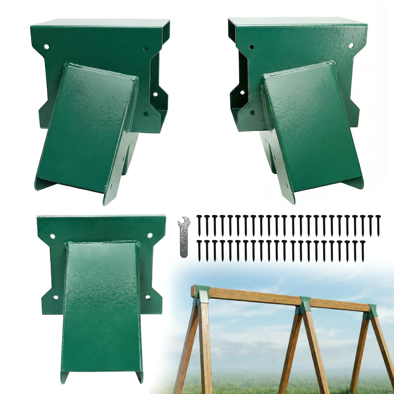 Swing Sets Brackets Heavy Duty - 2 A-Frame End Swing Set Brackets and 1 Middle Bracket with Mounting Hardware, Swing Brackets Fits 4x4 Legs & 4x6 Beam, Backyard Playground Porch Swing Set Kit