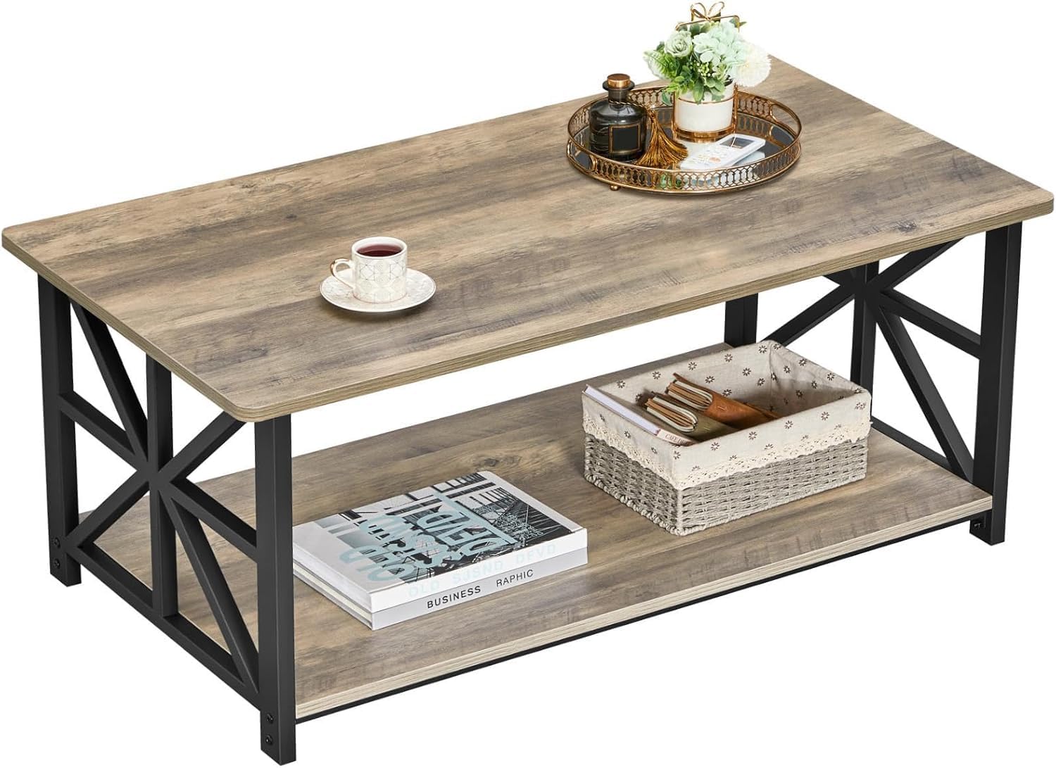 Table basse gris avec 2 niveaux de rangement pour salon