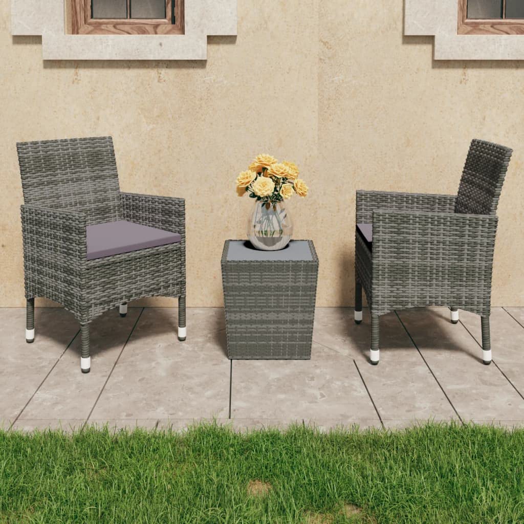 Juego de muebles de jardín de polirratán y cristal templado gris, 3 piezas, muebles de exterior con sillas, muebles de terraza para balcón, jardín, porche