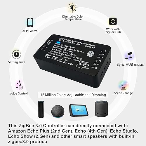 Miniatura 5 de GIDEALED Zigbee - Controlador LED 3.0 con fuente de alimentación, funciona con ZigBee Hub Bridge Alexa/Echo Plus para RGBW RGBWW RGBCCT 24V tira de