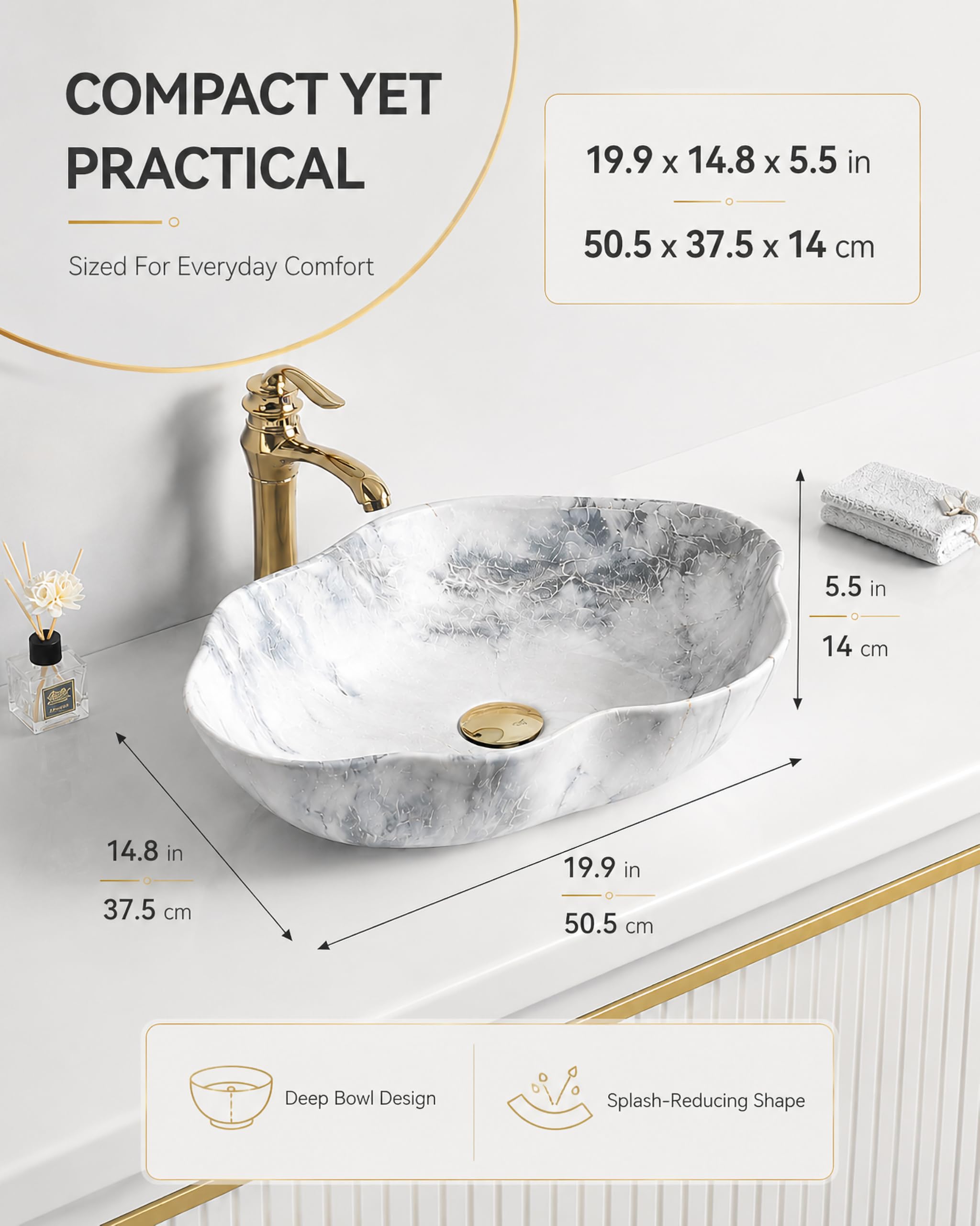 Lavabo da Appoggio in Stile Moderno con Rubinetti per Acqua Calda/Fredda E Scarico Lavandino di Forma Irregolare in Stile Artistico Piccolo Lavabo Appoggio Bianco 50Cm,F,50.5×37.5×14cm