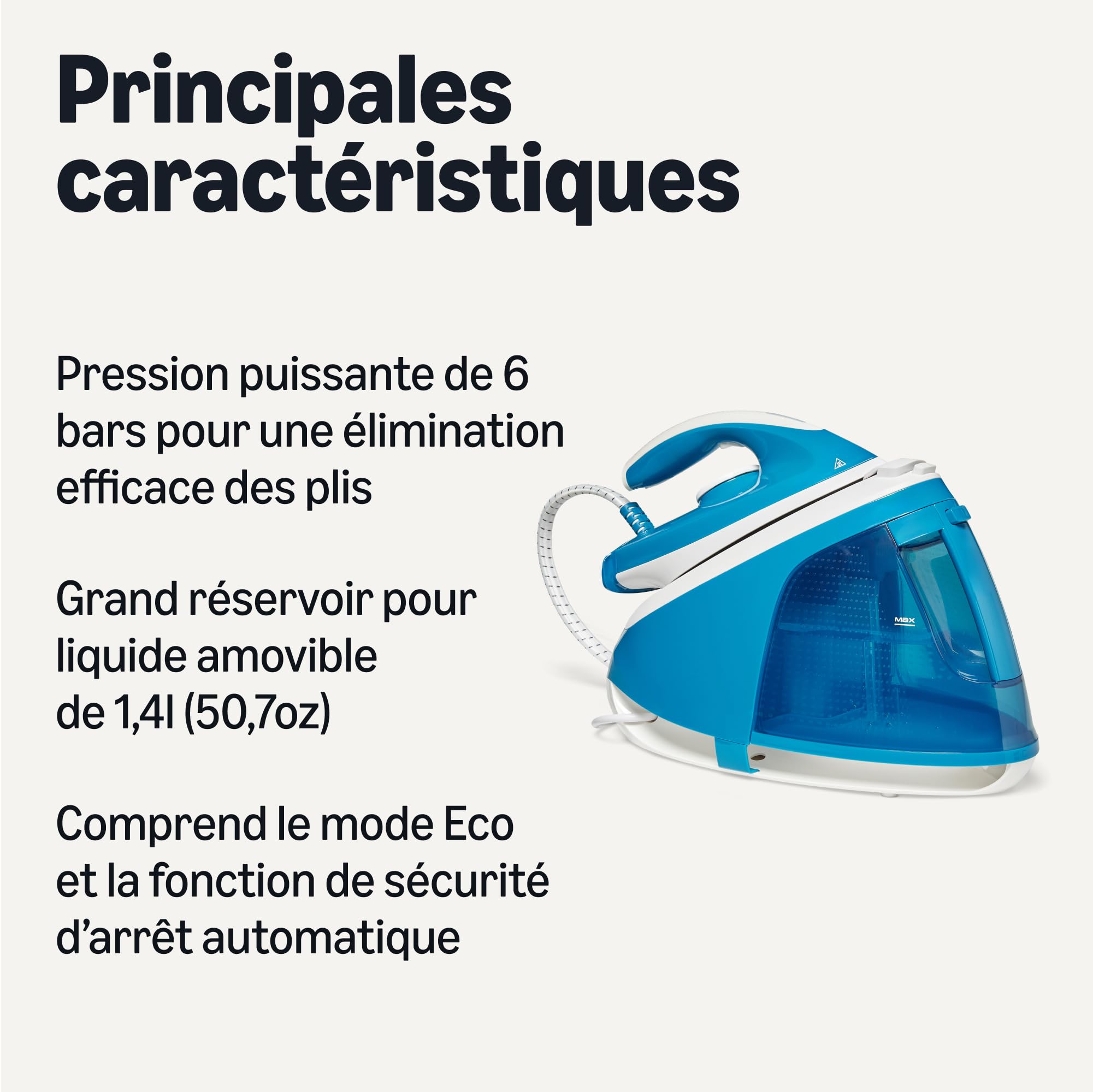Amazon Basics Fer à Repasser Générateur de Vapeur Avec Pompe à 6 Bars, Jet de Vapeur de 240g/min, Débit de Vapeur de 120g/min, Réservoir de 1,5L, 2 400W, Blanc/Bleu