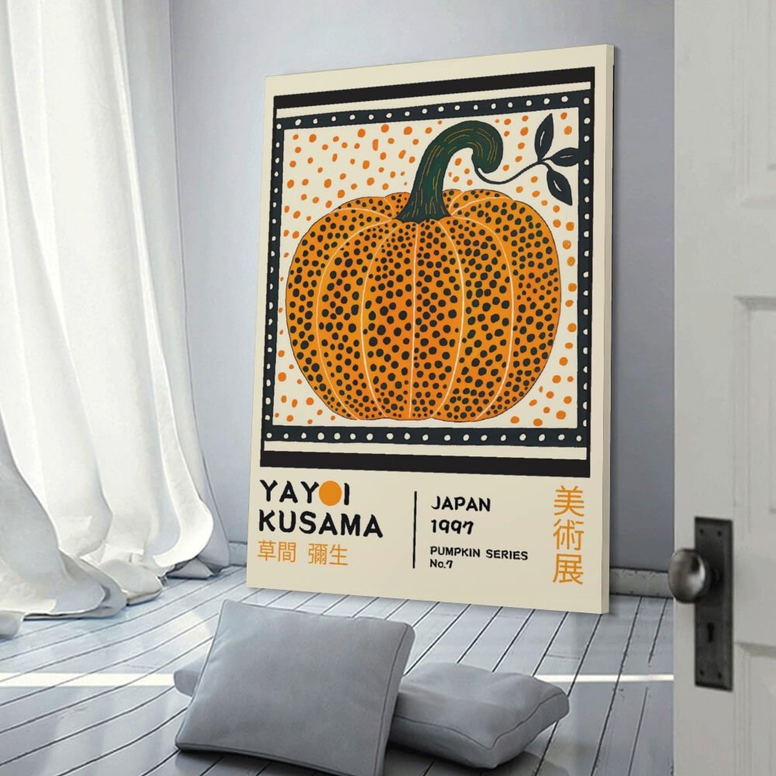 Junmoney Frame-Style-7 Yayoi Kusama Pumpkin No.7 Exhibition Poster Hanging Wall Art, 12X18inch(30X45cm), For Entrance Walls, Hall Decor Or Foyers, Wall Decor To Refresh Empty Corners