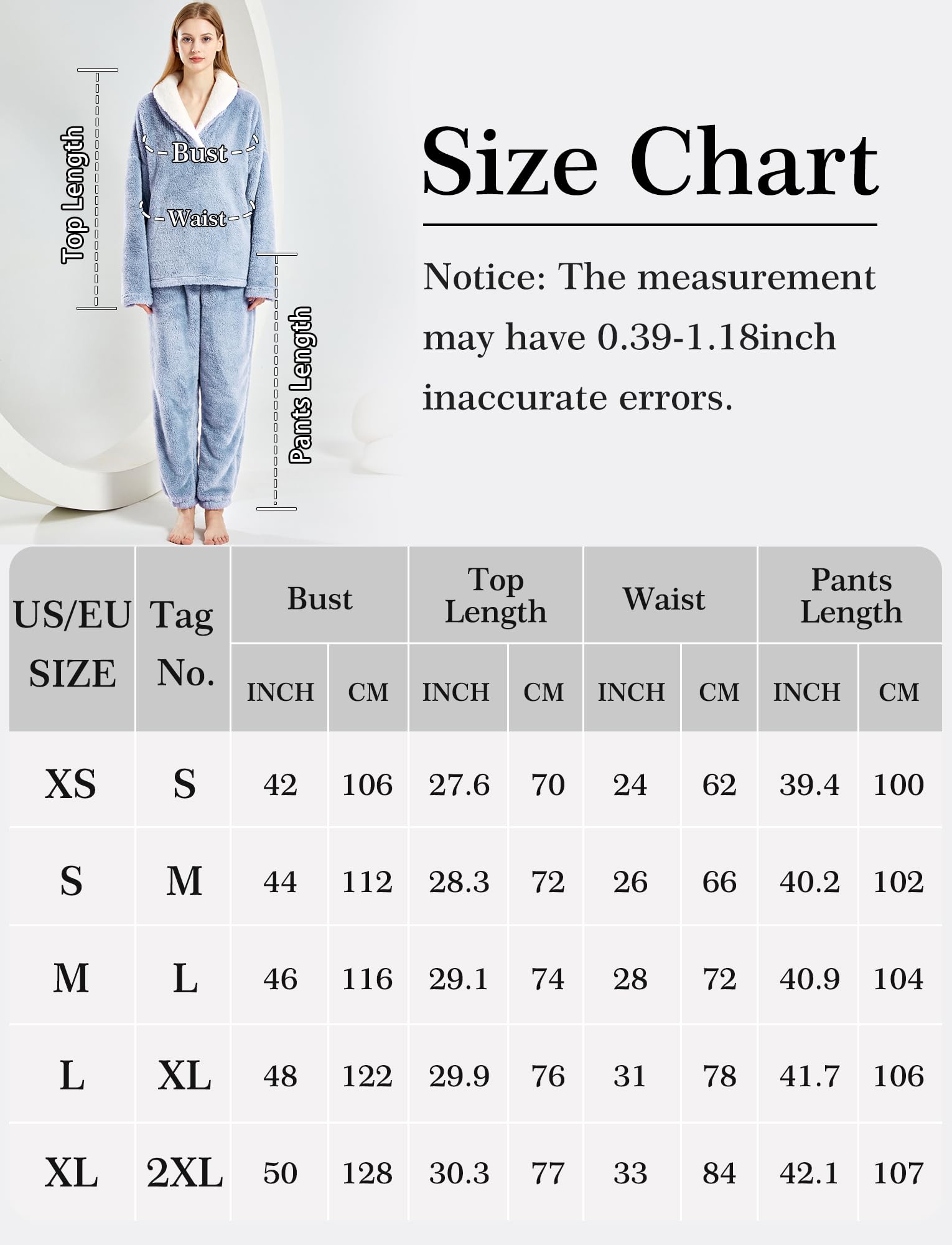 Pyjama Femme Hiver en Peluche Ensembles de Pyjamas Polaire Chaud 2 Pièces Filles Chemise de Nuit Vêtements de Maison EU XS-XL