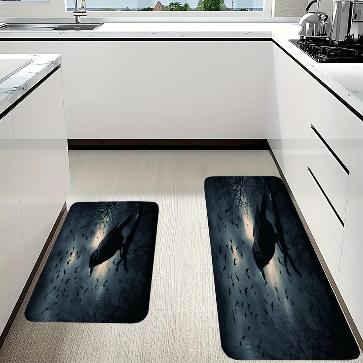 Night Crow Kitchen Mat Kitchen Rug Set | Kitchen Rugs Flannel Velvety Washable breathable Water Absorbent Soft ，kitchen utensils for Kitchen, Floor,Laundry