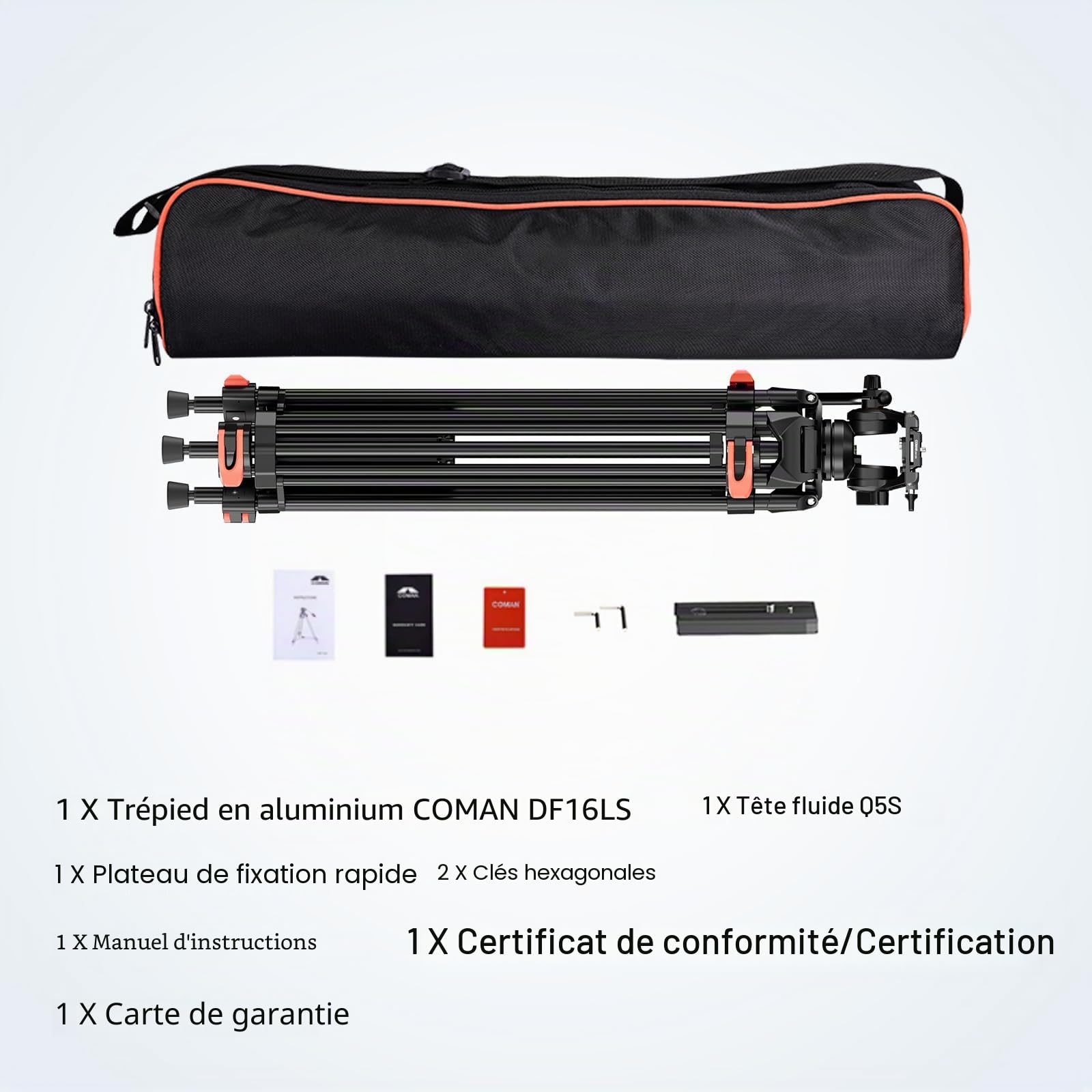 COMAN Trépied d'appareil Photo 188 cm trépied d'appareil Photo Professionnel Robuste pouvant contenir 8 kg avec Sac en Tissu, Plaque de dégagement Rapide, trepied Appareil Photo