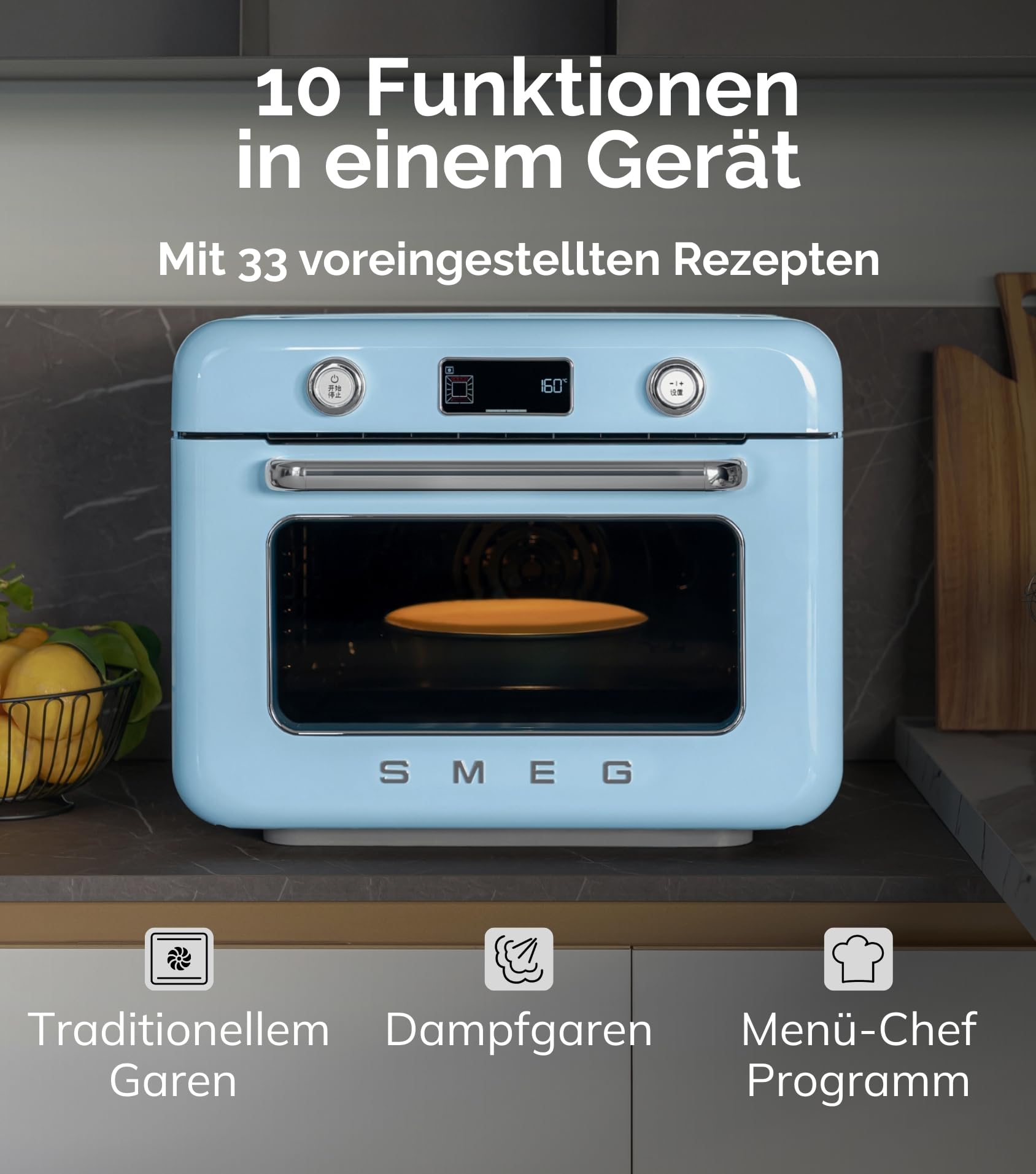 Smeg, COF01BLEU, Dampf-Kombibackofen, 10 Kochfunktionen, 33 automatische Rezepte, abnehmbarer Tank, Dampfgaren, Entkalkungsfunktion, 1800 W Leistung, Schwarz