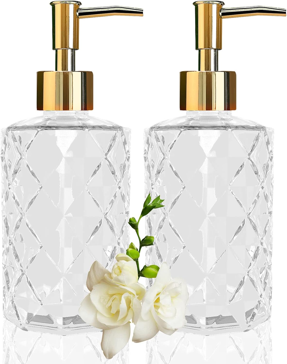 Yiter 330ml/12oz Glass Soap Dispenser, Versatile Hand Dispenser for Bathroom, Kitchen, Bedroom – Reusable for Lotion, Detergent, Essential Oil (2pcs/Clear Gold)