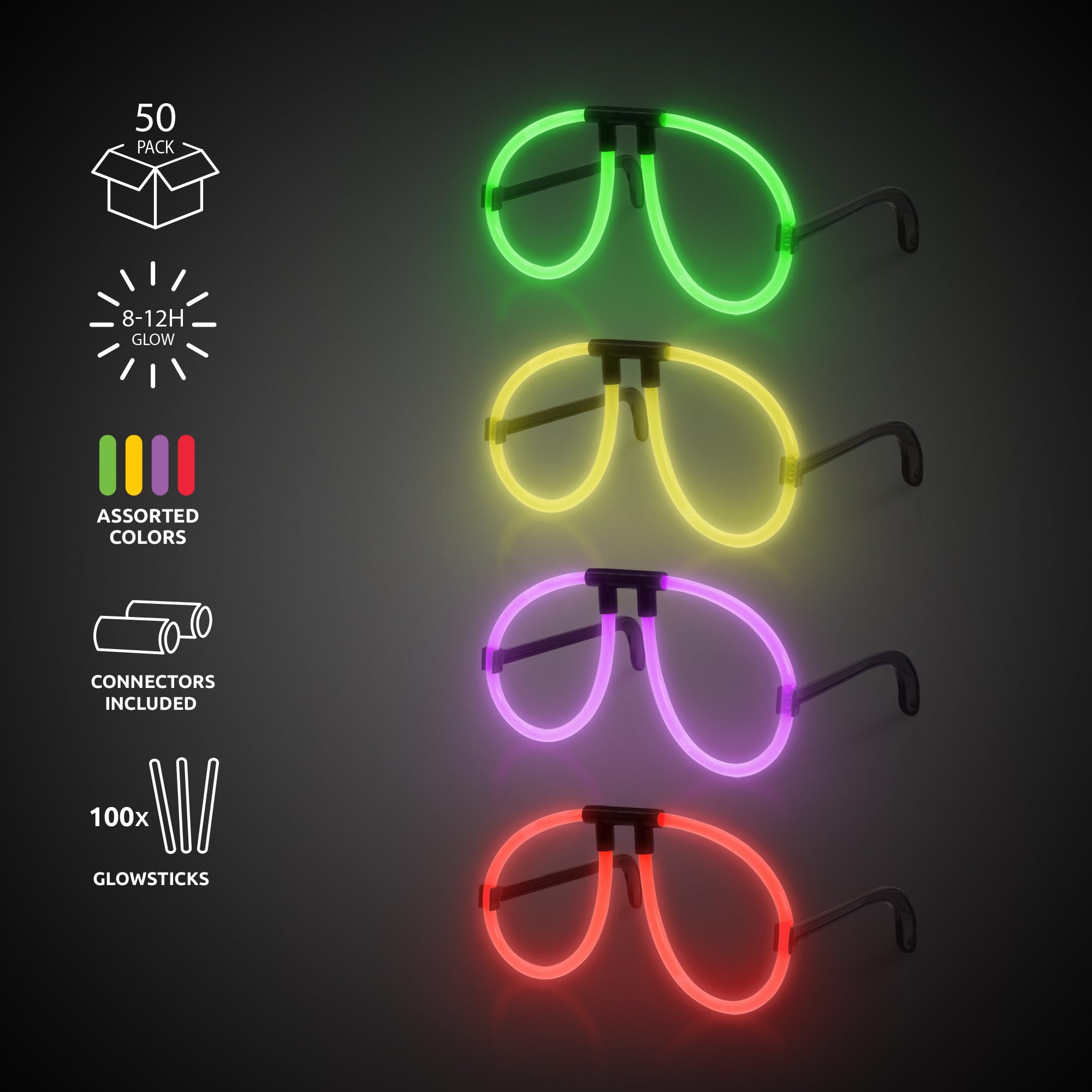 Windy City Novelties - 50 Pack - Aviator Glow Eyeglasses in Bulk | In Assorted Colors | Halloween Costume Supplies, Halloween Party Favors, Raves, EDM Concert, Glow Party, Cosplay