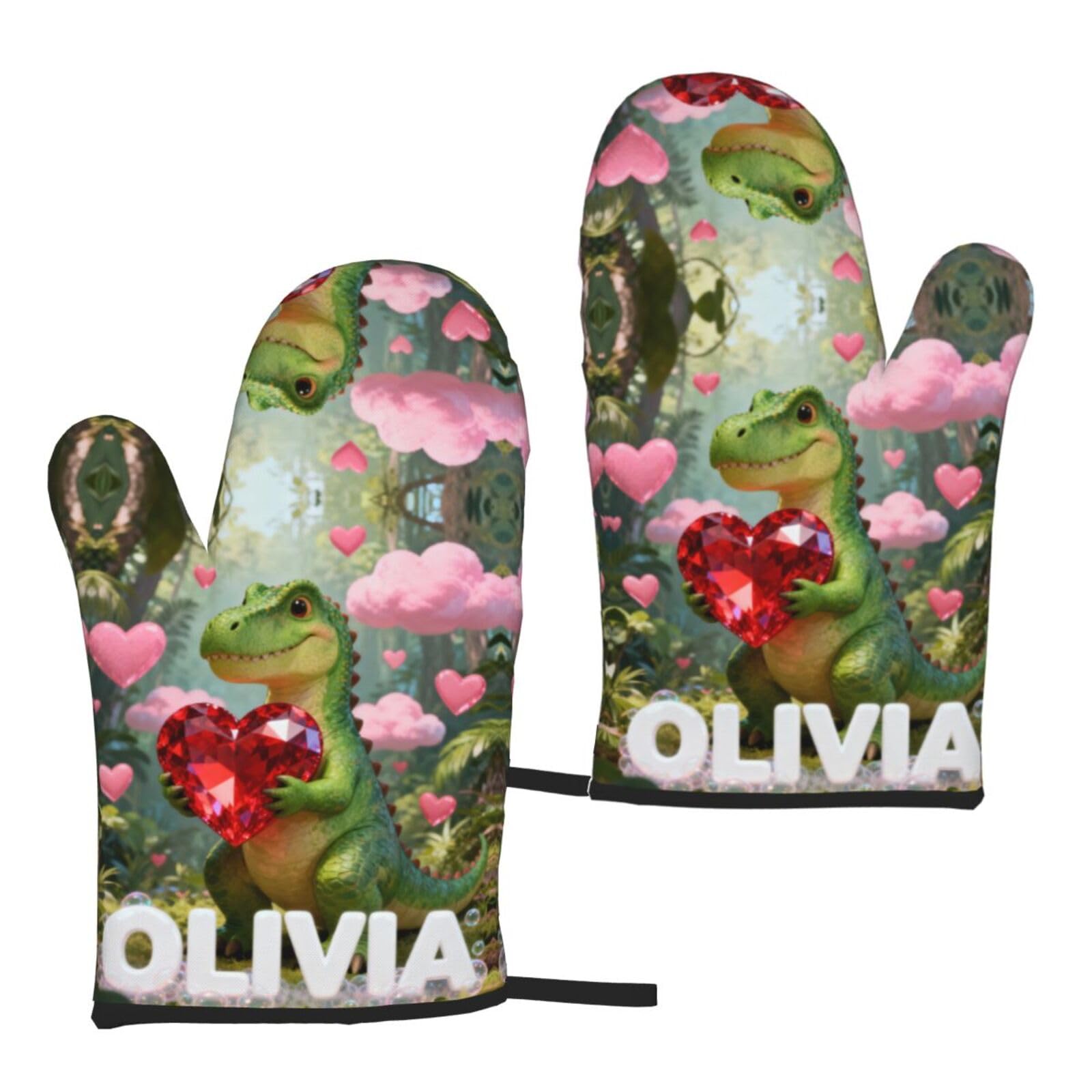 Personalized Oven Mitts with Name, Cute Dinosaur Holding Heart Design Heat Resistant Kitchen Gloves, Custom Birthday Gift for Kids Mom Grandma, Whimsical Baking Accessories - 1 Pair