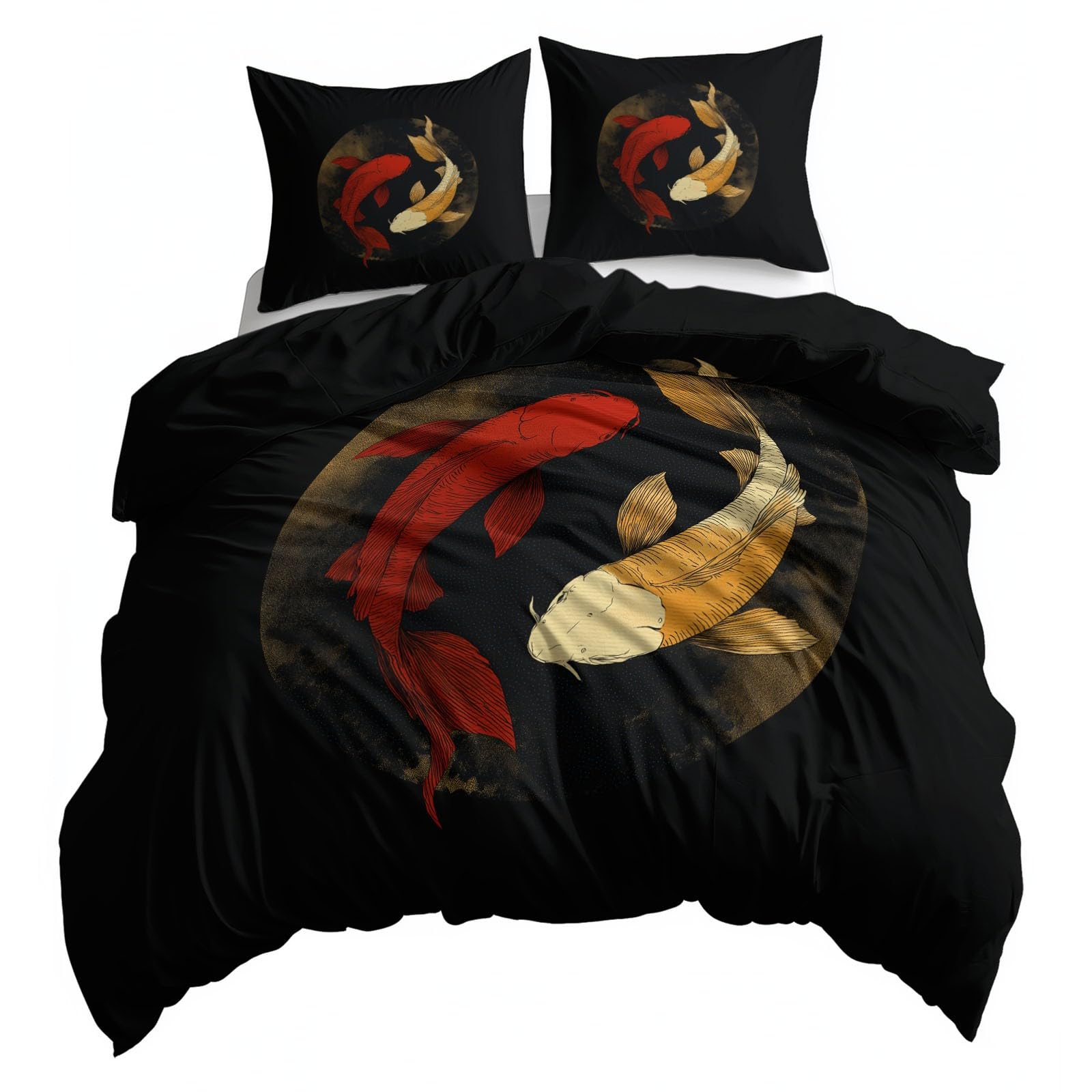 Poszwa na kołdrę 105 cm Obraz Atramentowy Ryby Koi Yin-Yang, Czarna miękka mikrofibra Zestaw pościeli Poszwa na kołdrę 200 x 200 cm i 2 x poszewki na poduszki 50 x 75 cm