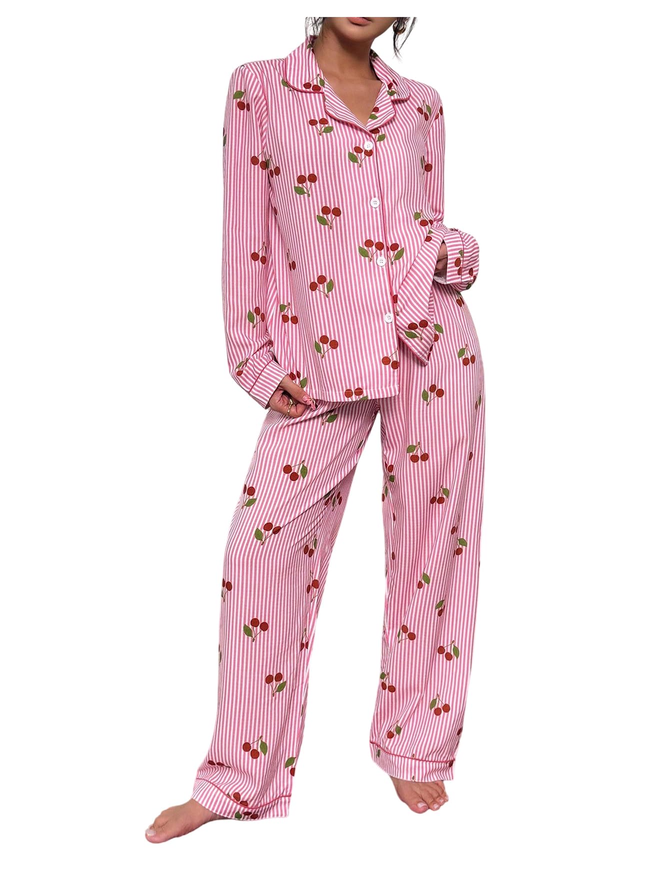 Women's Long Sleeve Fall Pajamas Cute Print 2 Piece Sleepwear Matching Shirts and Pants Lounge Set