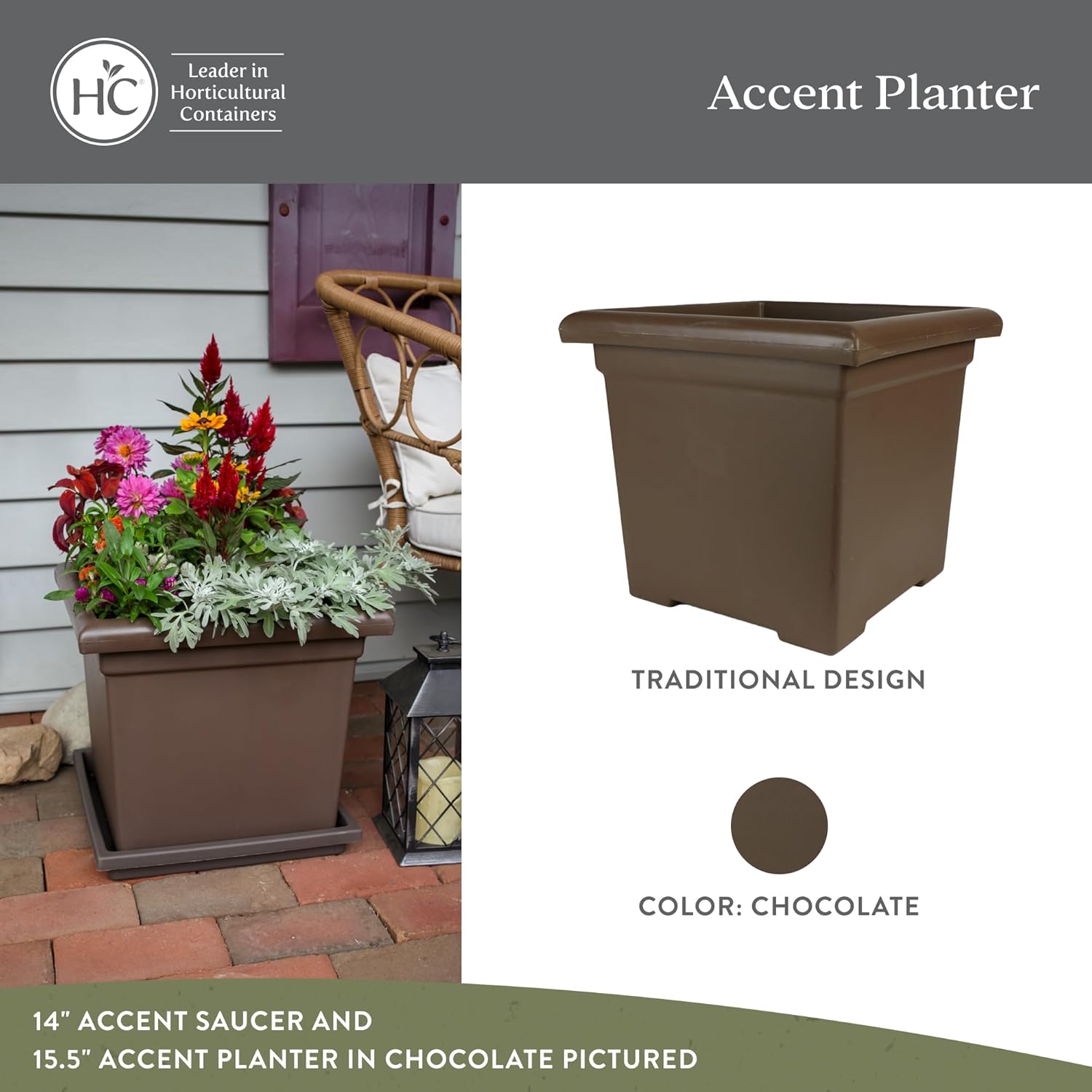 The HC Companies Accent Square Plant Pot w/Drainage - Classic Planters for Outdoor Plants & Indoor Plants - Lightweight & UV-Resistant Square Planter Box (15.5”, Chocolate, Pack of 1)