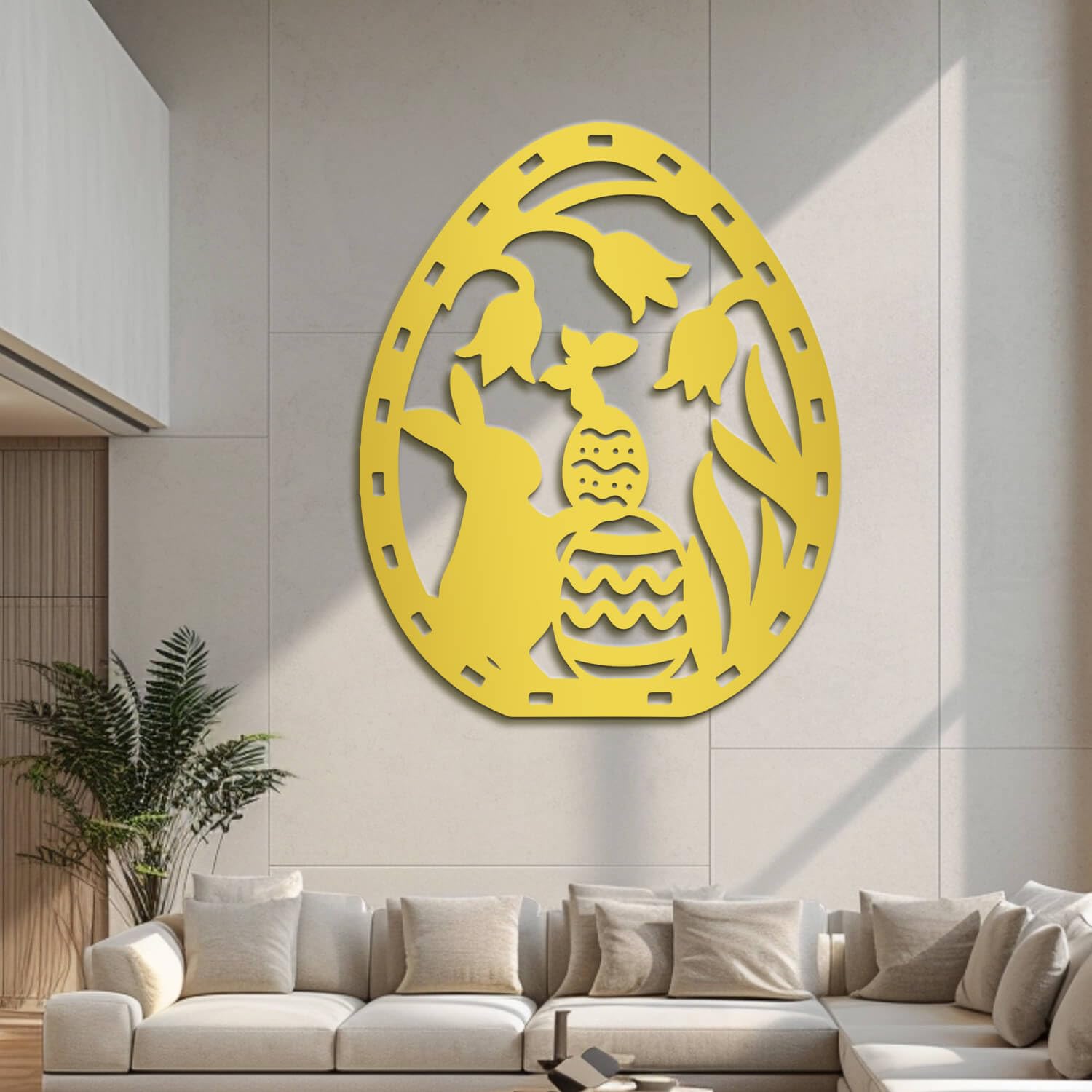 Signe floral de Pâques suspendu en métal doré pour une décoration de printemps accueillante.