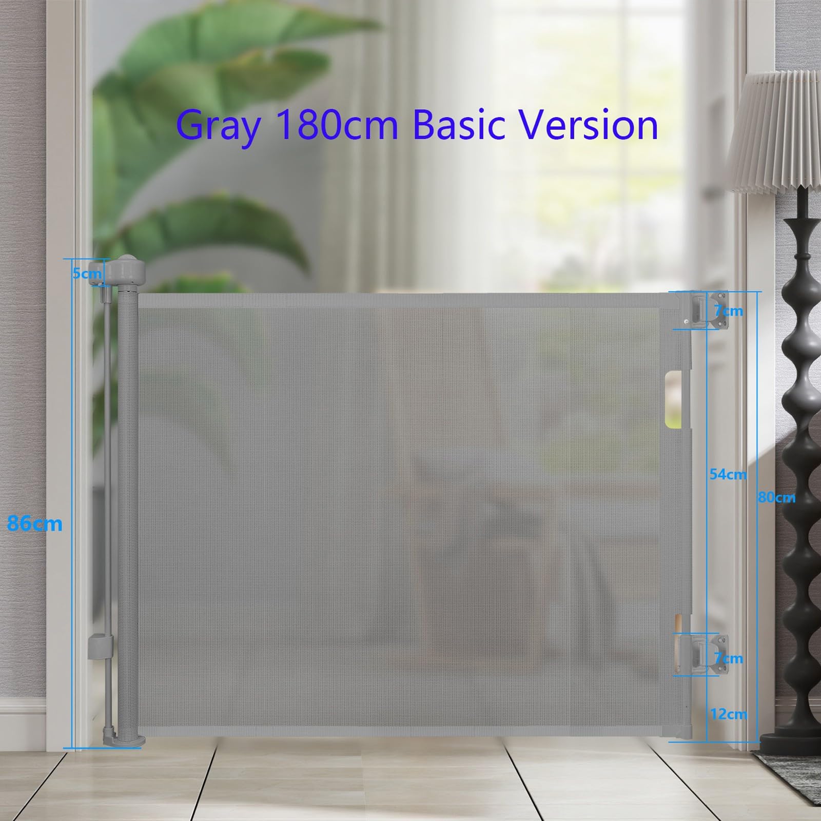 Puerta retráctil gris para escaleras para perros con bloqueo seguro, puerta segura ajustable para escaleras, puertas y uso en interiores (180 cm) para perros y niños
